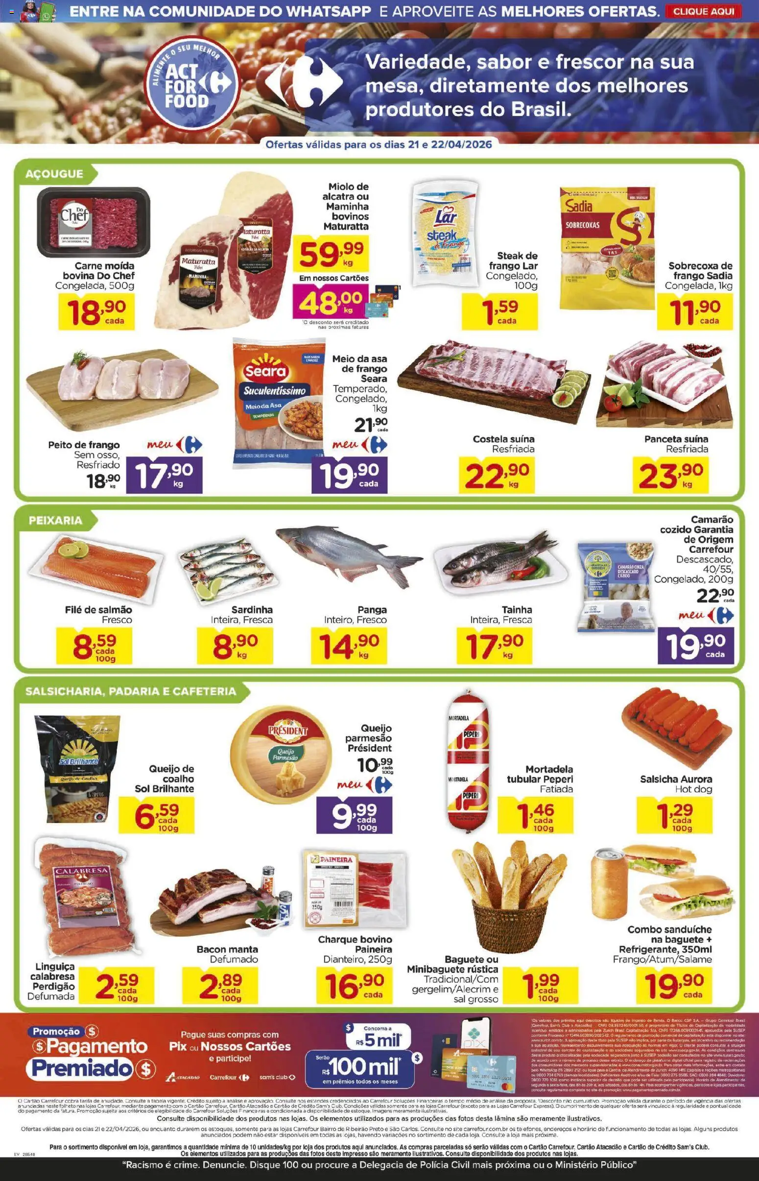 Carrefour Bairro Folheto - válido de 21.04.2026 | Página: 2 | Produtos: Salsicha, Linguiça, Mortadela, Carne moída