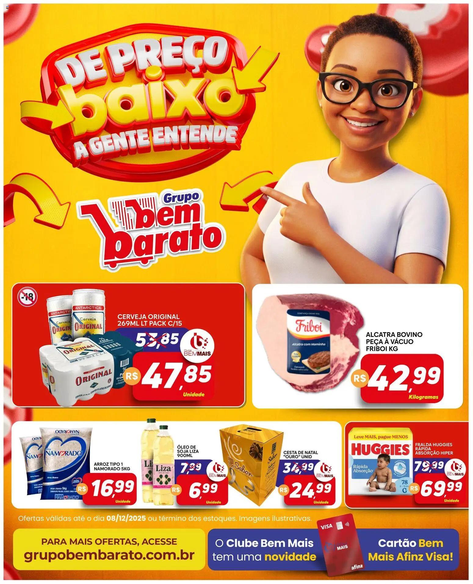 Supermercado Bem Barato Folheto - válido de 02.12.2025 | Página: 1 | Produtos: Alcatra, Cesta, Cerveja, Arroz