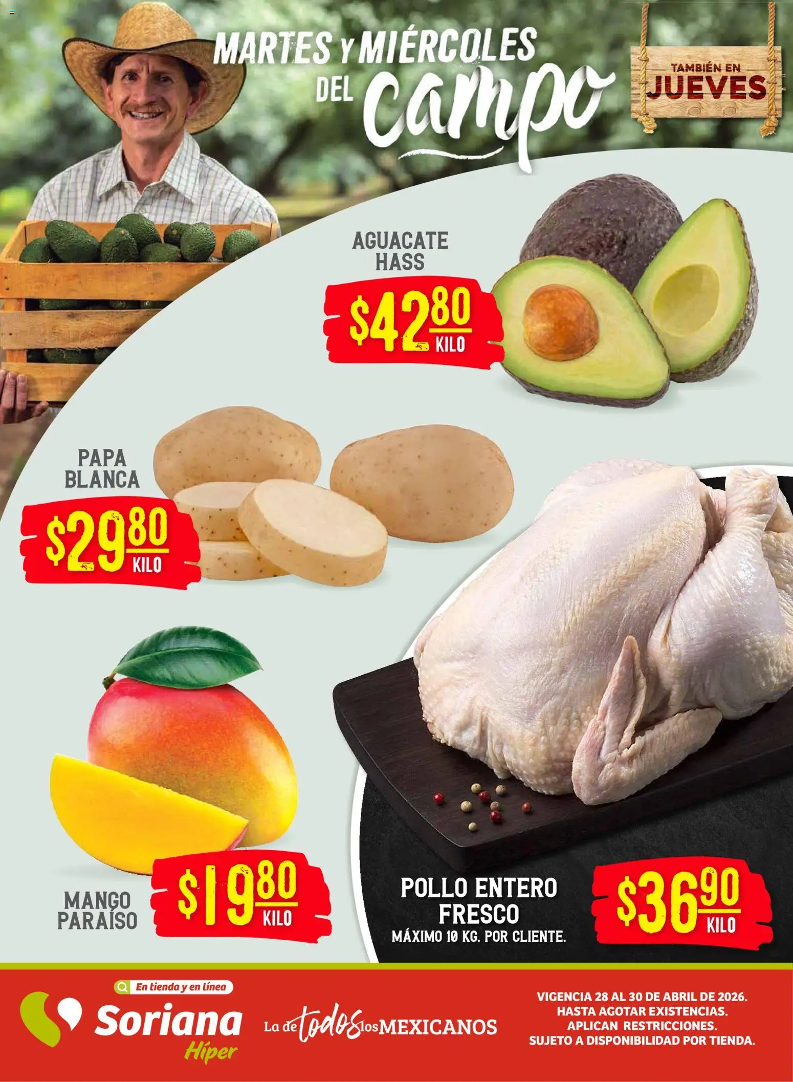 Nuevas ofertas de Soriana válidas en toda la República Mexicana desde el 28.04.2026. ¡Encuentra las mejores ofertas en Soriana Martes y Miércoles del Campo Híper: Juárez! | Página: 1 | Productos: Pollo, Papa, Mango, Aguacate