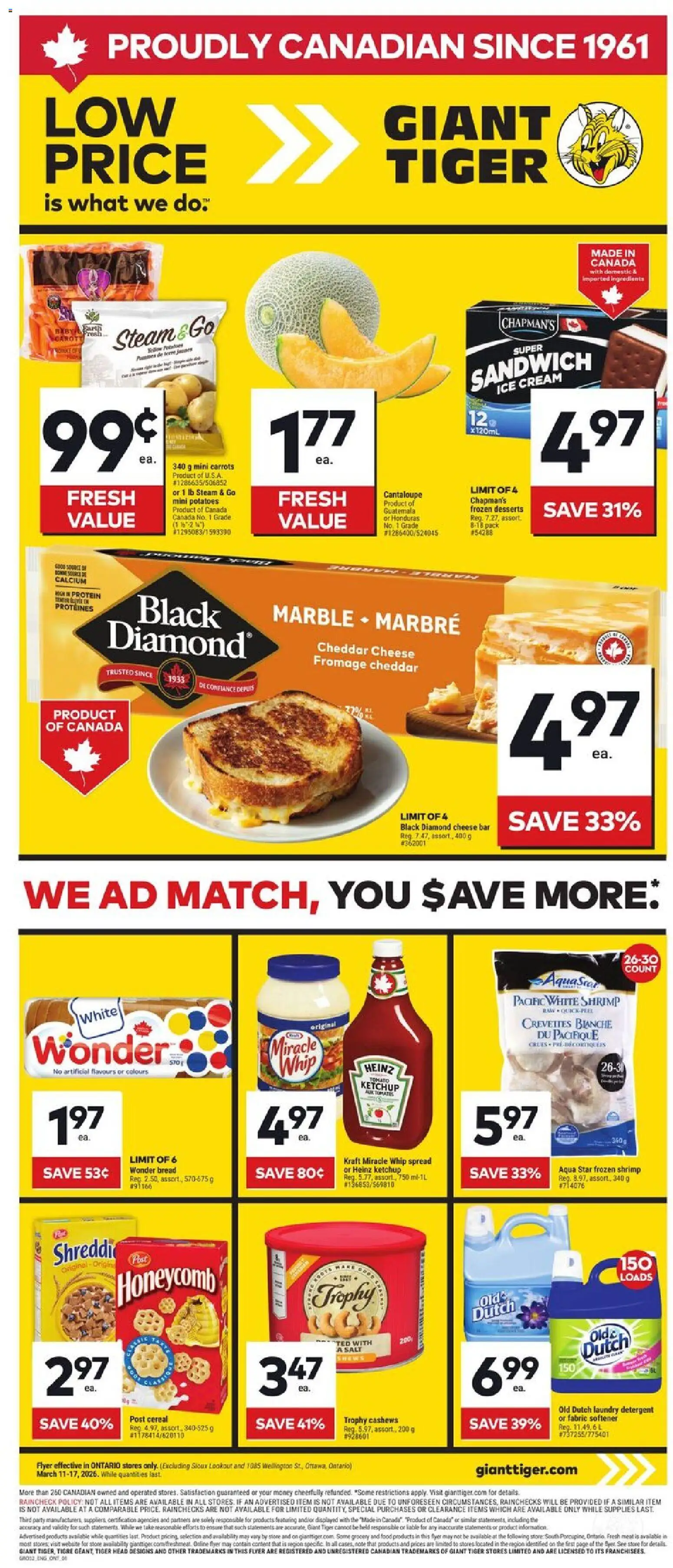 Giant Tiger flyer valid from 11.03.2026 | Page: 1 | Products: Cream, Fabric softener, Detergent, Bread