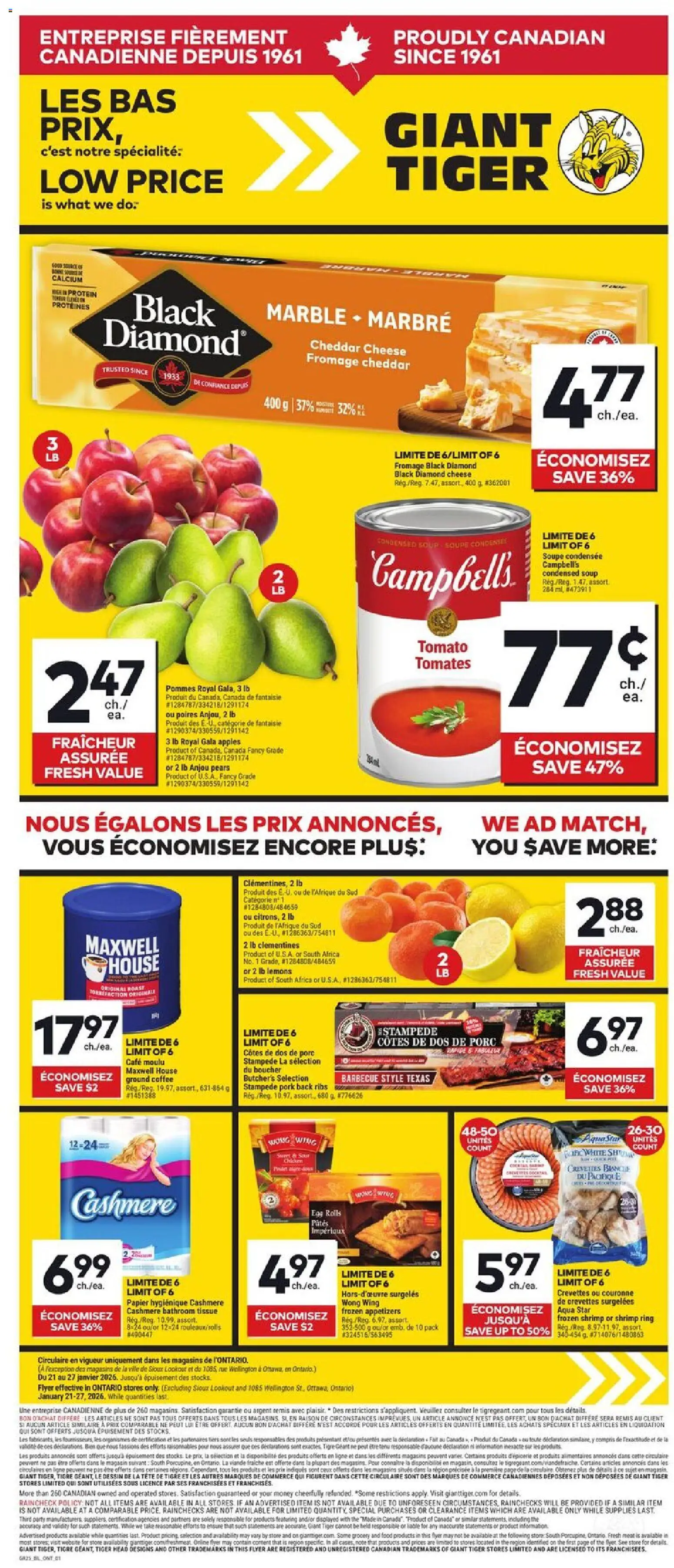 Giant Tiger flyer valid from 21.01.2026 | Page: 1 | Products: Cheese, Coffee, Pork, Apples