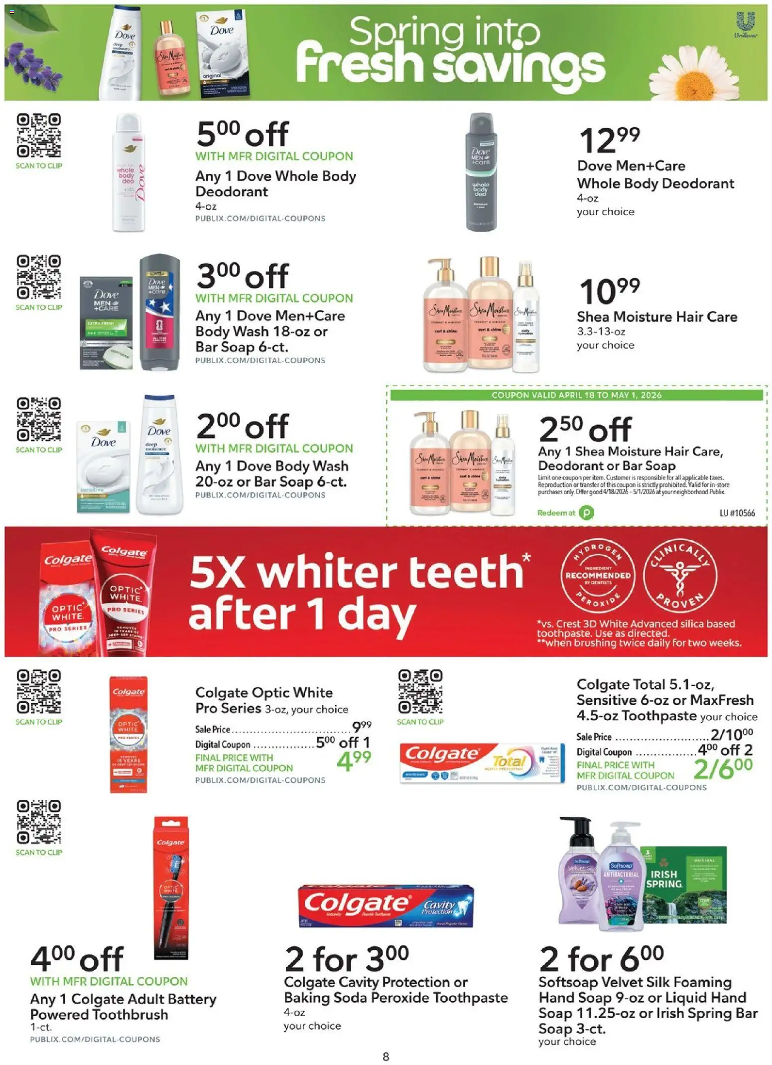Publix Extra Savings - valid from 18.04.2026 | Page: 8 | Products: Battery, Clip, Soap, Toothpaste