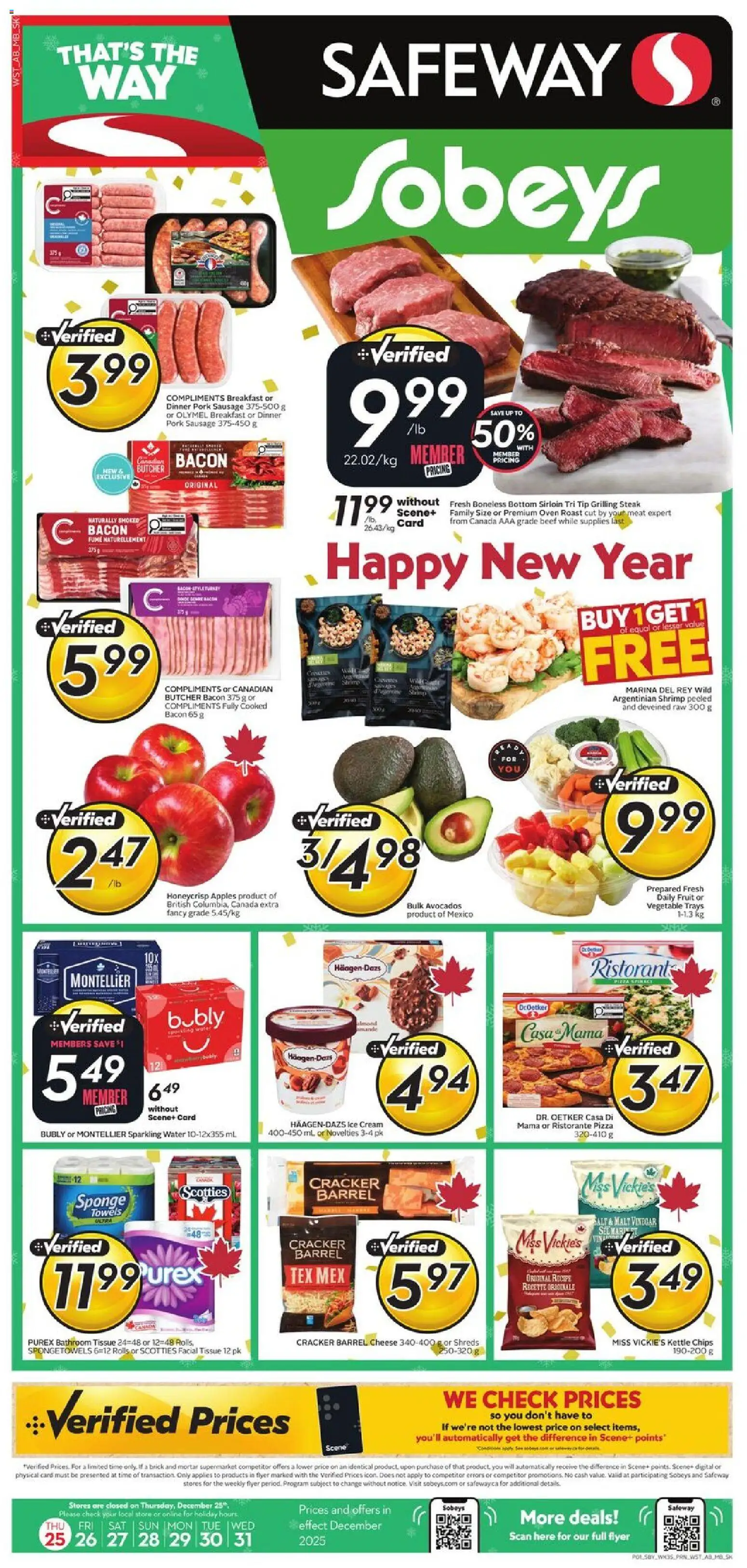 Safeway flyer valid from 25.12.2025 | Page: 1 | Products: Ice cream, Oven, Pizza, Apples