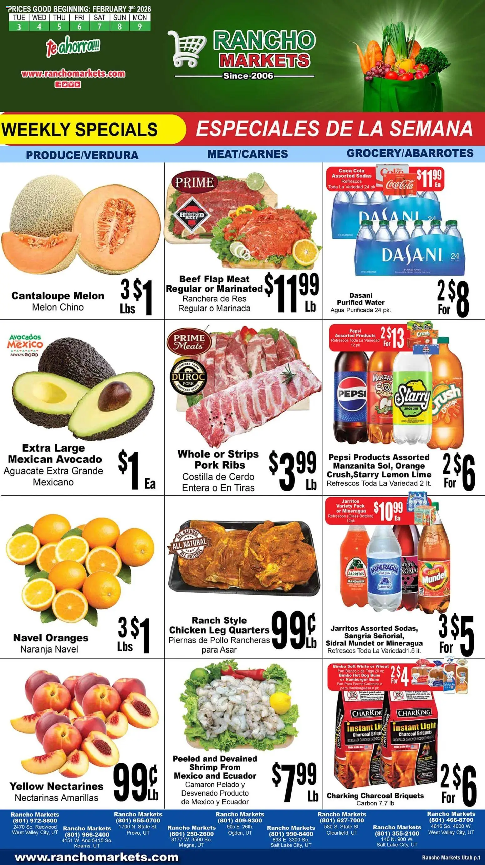Rancho Markets Weekly Ad - valid from 03.02.2026 | Page: 1 | Products: Pan, Water, Lime, Melon