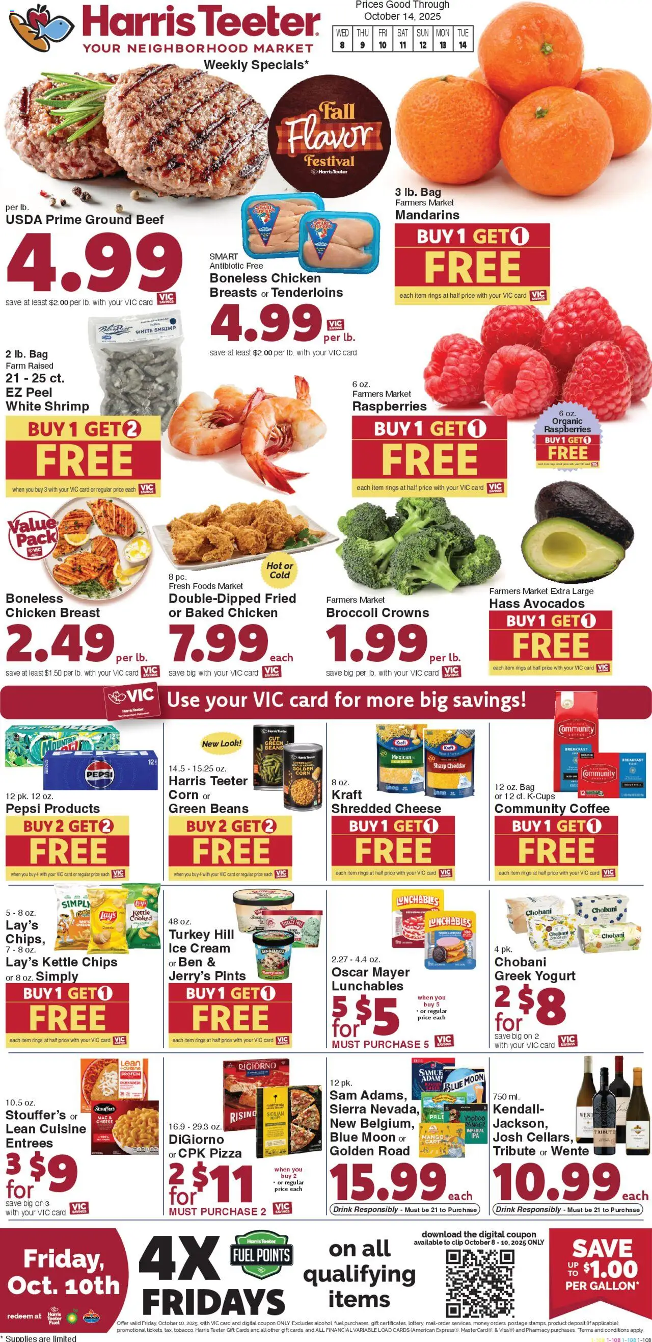 Harris Teeter Weekly Ad - valid from 08.10.2025 | Page: 1 | Products: Cheese, Beef, Ice cream, Bag