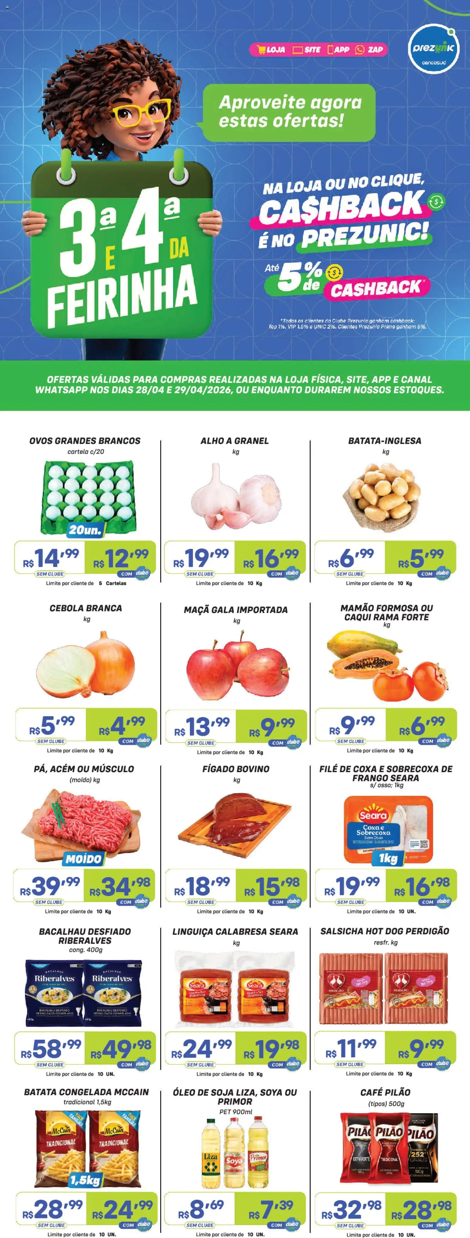 Prezunic Folheto - válido de 28.04.2026 | Página: 1 | Produtos: Salsicha, Linguiça, Acém, Batata