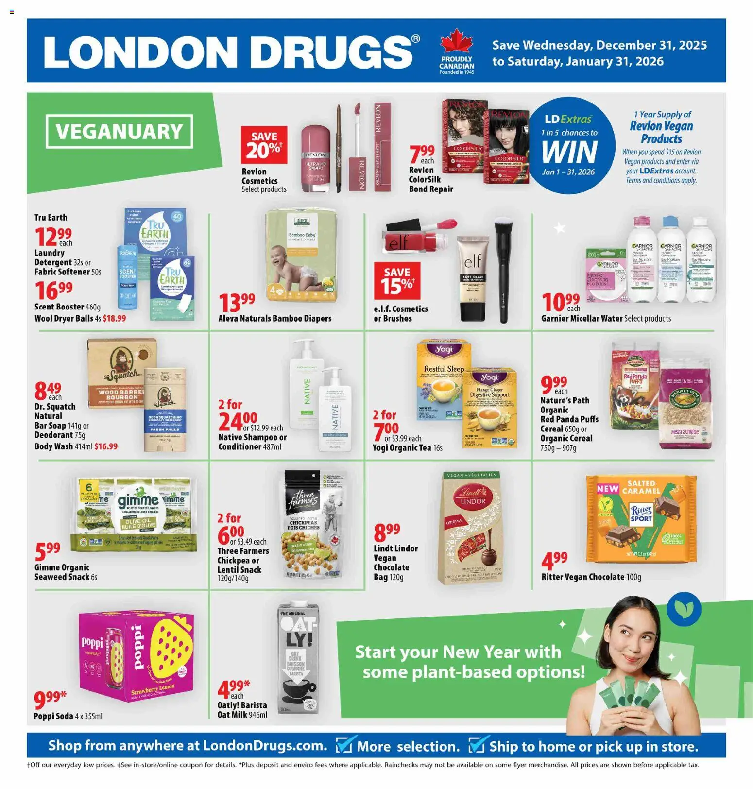 London Drugs flyer valid from 31.12.2025 | Page: 1 | Products: Bag, Fabric softener, Detergent, Chocolate