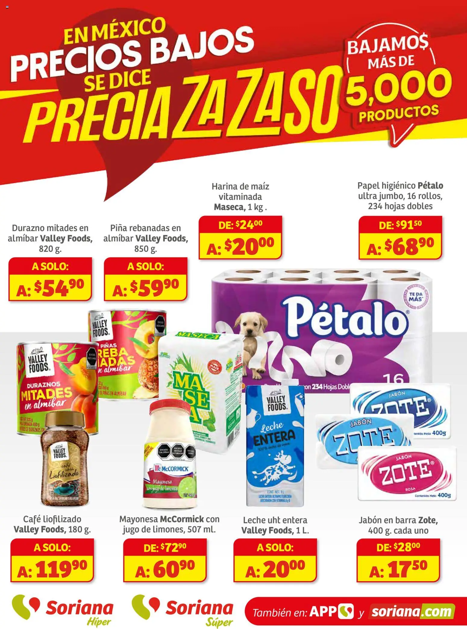 Nuevas ofertas de Soriana válidas en toda la República Mexicana desde el 11.12.2025. ¡Encuentra las mejores ofertas en Soriana - Preciazazaso Súper: Camp, Chia, Oax, Q. Roo, Tab, Yuc! | Página: 1 | Productos: Maíz, Harina, Durazno, Barra