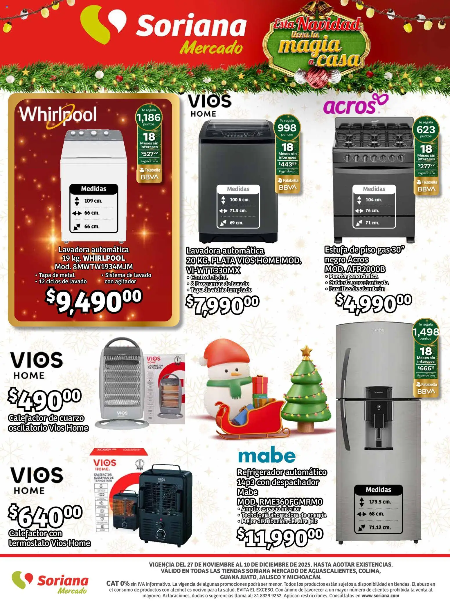 Nuevas ofertas de Soriana válidas en toda la República Mexicana desde el 27.11.2025. ¡Encuentra las mejores ofertas en Soriana - Pesito Valedor Mercado: Ags, Col, Gto, Jal, Mich! | Página: 34 | Productos: Refrigerador, Lavadora, Té, Calefactor