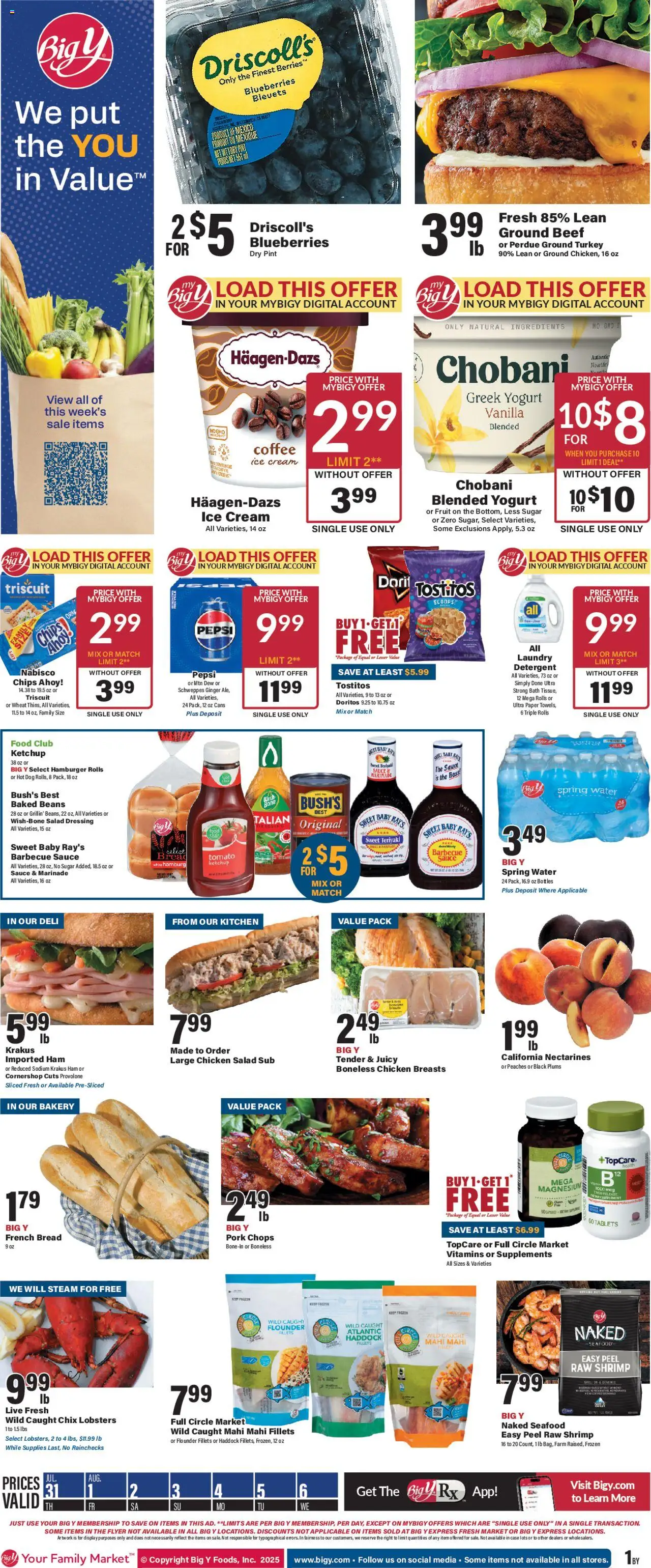 Big Y Weekly Ad - valid from 31.07.2025 | Page: 1 | Products: Ginger, Ketchup, Water, Blueberries