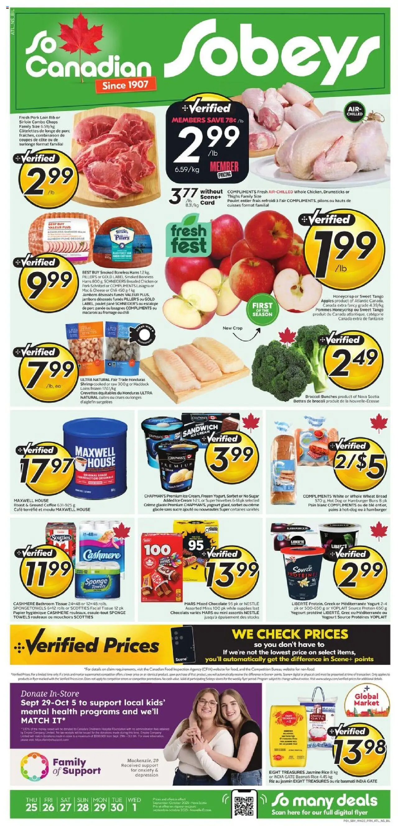 Sobeys flyer valid from 25.09.2025 | Page: 1 | Products: Cheese, Chocolate, Ham, Chicken