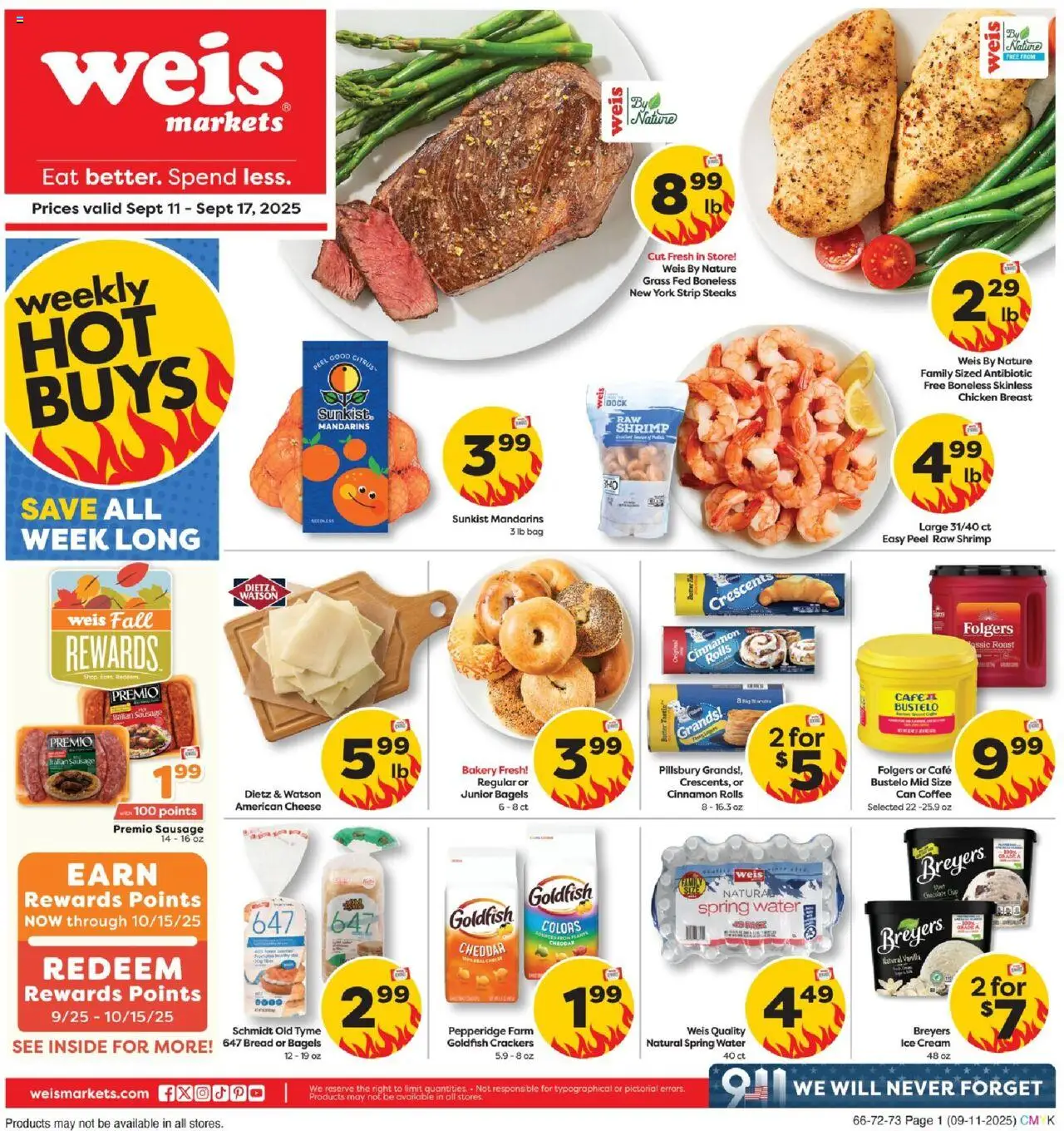 Weis Weekly Circular - NJ - valid from 11.09.2025 | Page: 1 | Products: Bread, Ice cream, Water, Bag