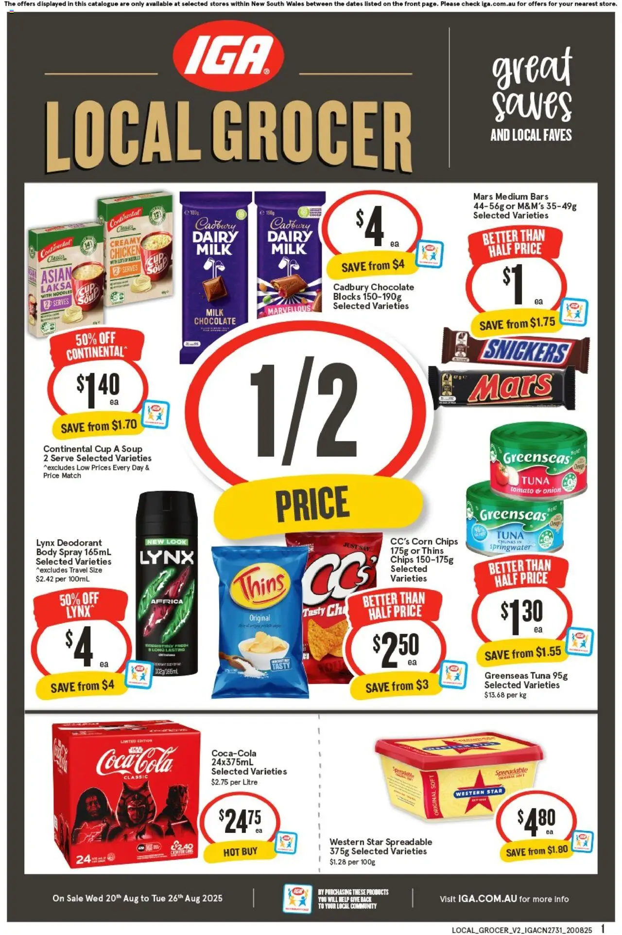 IGA catalogue - valid from 20.08.2025 | Page: 1 | Products: Milk, Chocolate, Deodorant, Chips