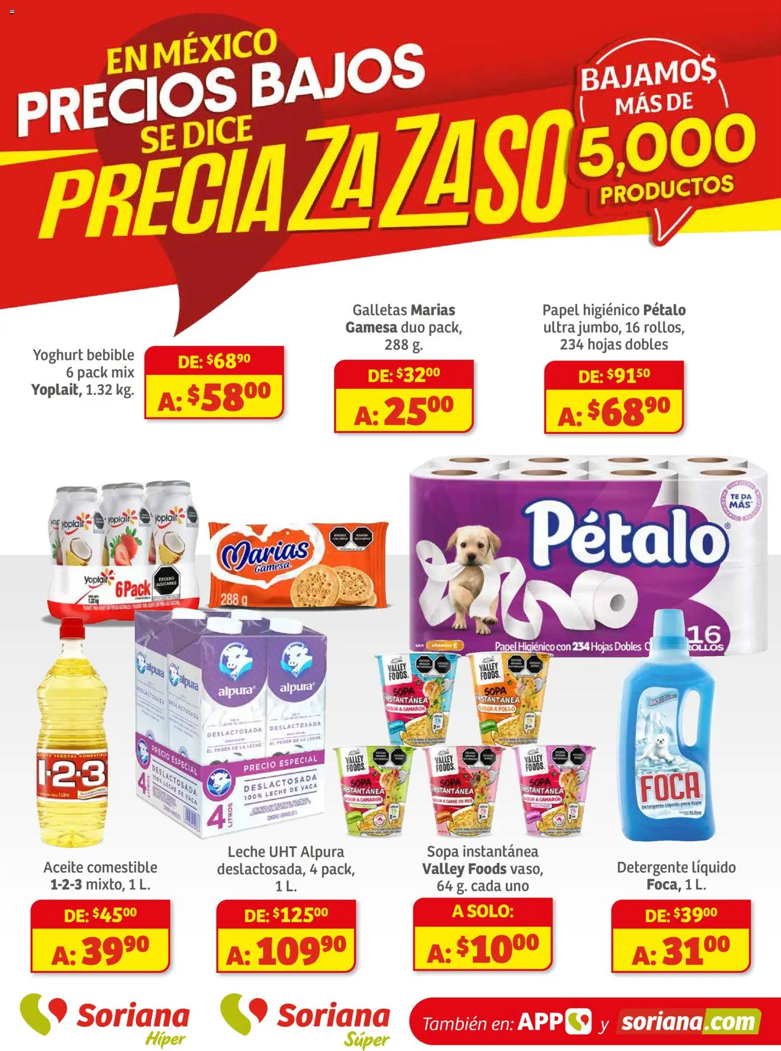 Nuevas ofertas de Soriana válidas en toda la República Mexicana desde el 27.11.2025. ¡Encuentra las mejores ofertas en Soriana - Preciazazaso Híper: Camp, Chia, Oax, Q. Roo, Tab, Yuc! | Página: 1 | Productos: Detergente, Leche, Aceite, Galletas