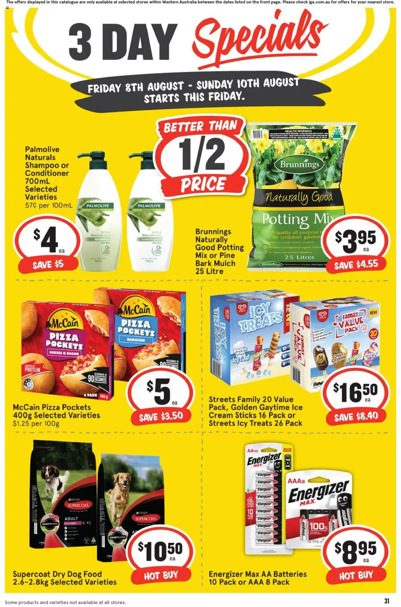IGA catalogue - valid from 08.08.2025 | Page: 3 | Products: Conditioner, Pizza, Cream, Batteries