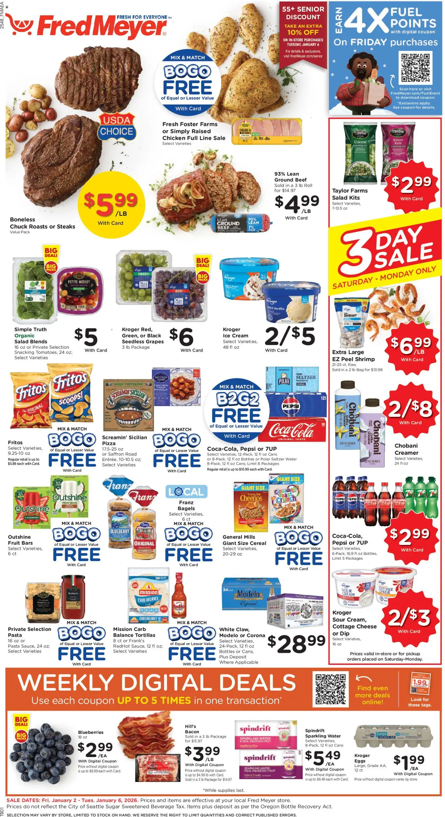 Fred Meyer Weekly Ad - valid from 02.01.2026 | Page: 1 | Products: Spinach, Beef, Lime, Grapes