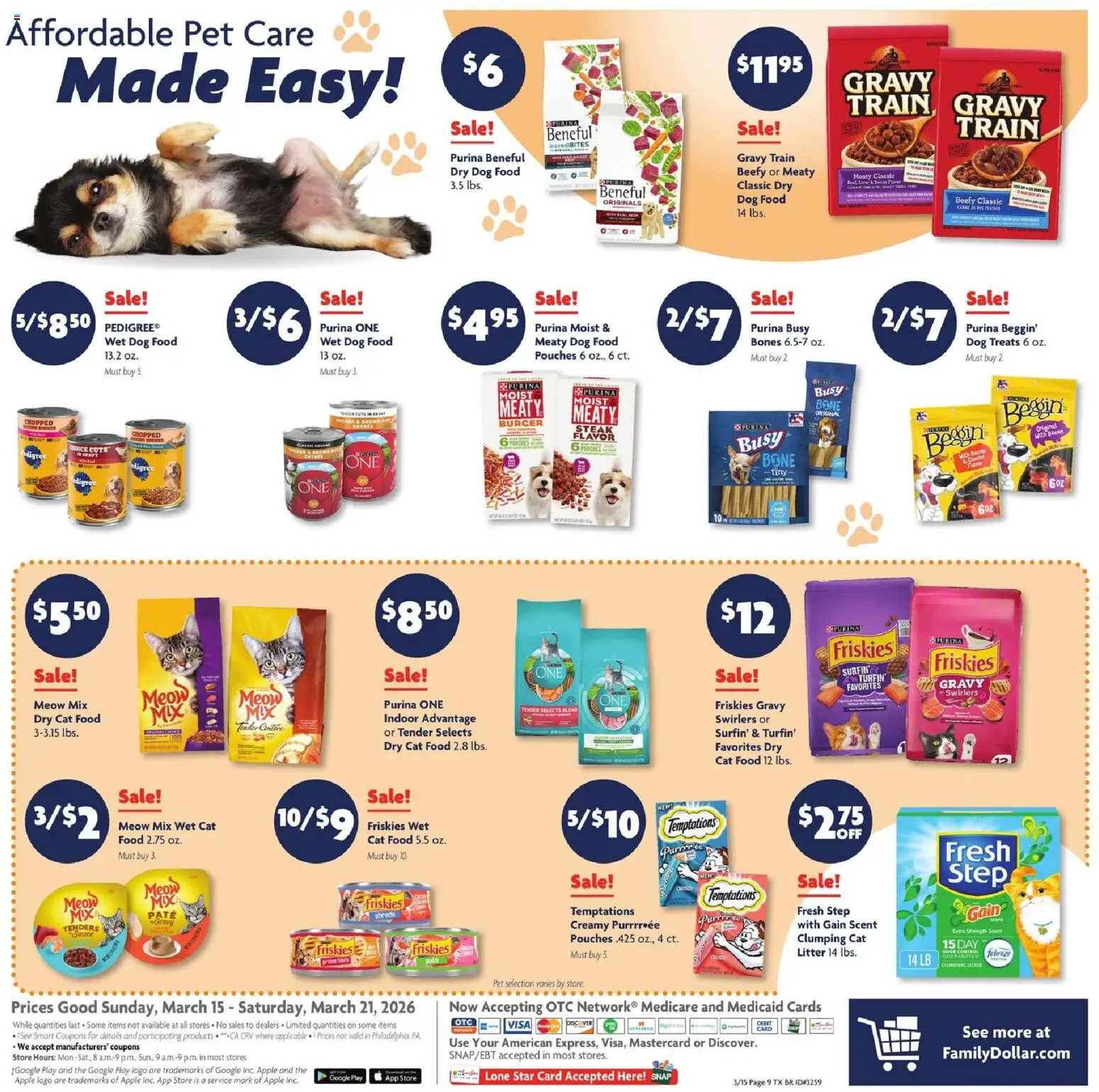 Family Dollar Weekly Ad - valid from 15.03.2026 | Page: 11 | Products: Dog Treats, Cat Food, Cheese, Sauce