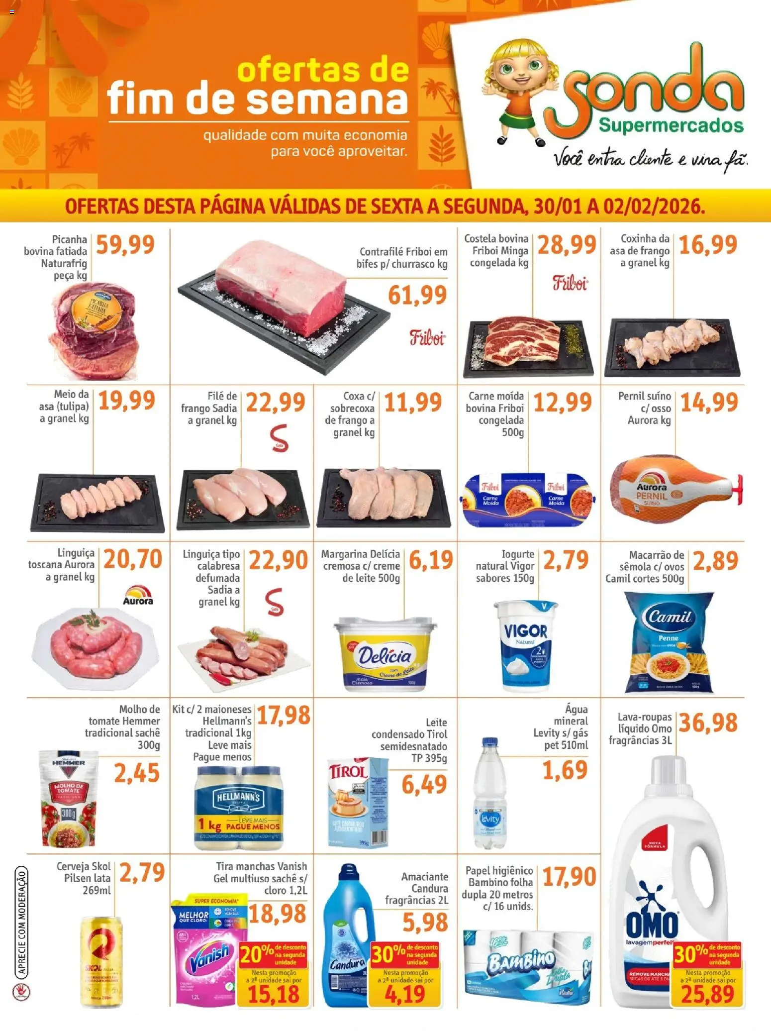 Sonda Folheto - válido de 30.01.2026 | Página: 1 | Produtos: Picanha, Cerveja, Amaciante, Carne moída