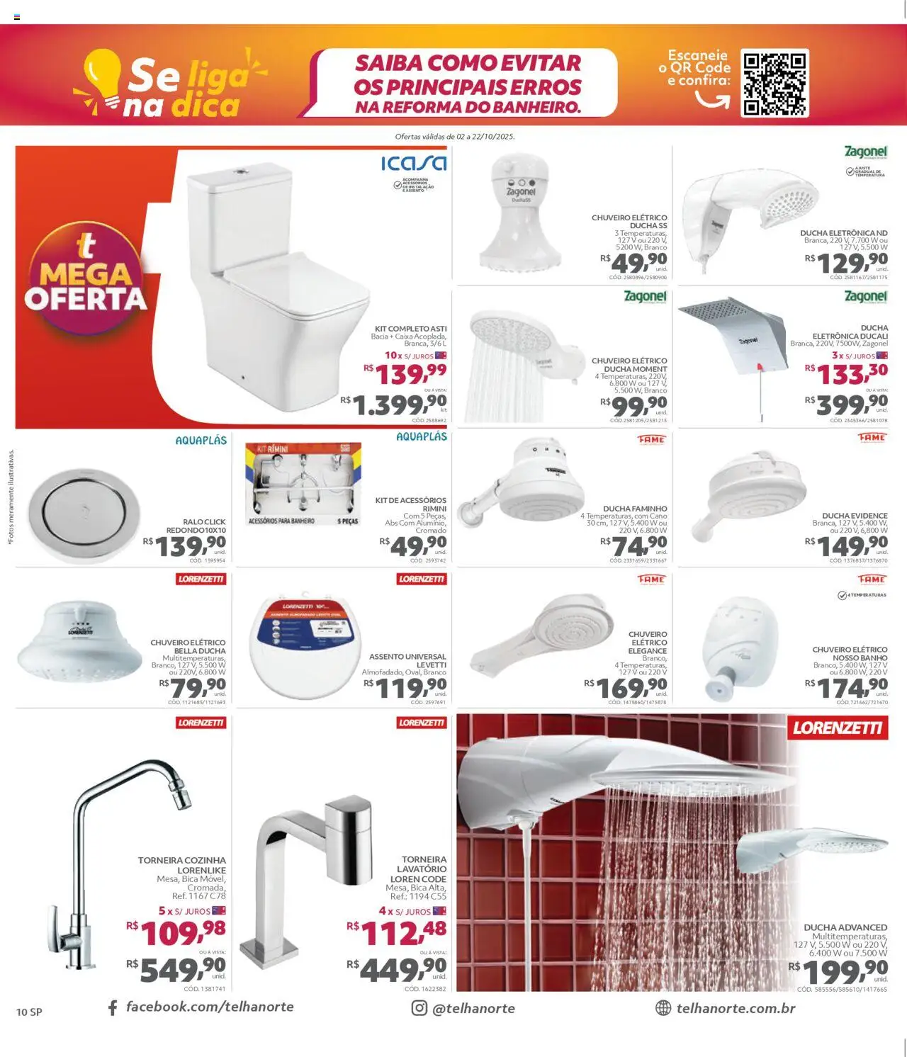 Telhanorte Folheto - válido de 02.10.2025 | Página: 10 | Produtos: Ducha eletrônica, Caixa, Lavatório, Torneira