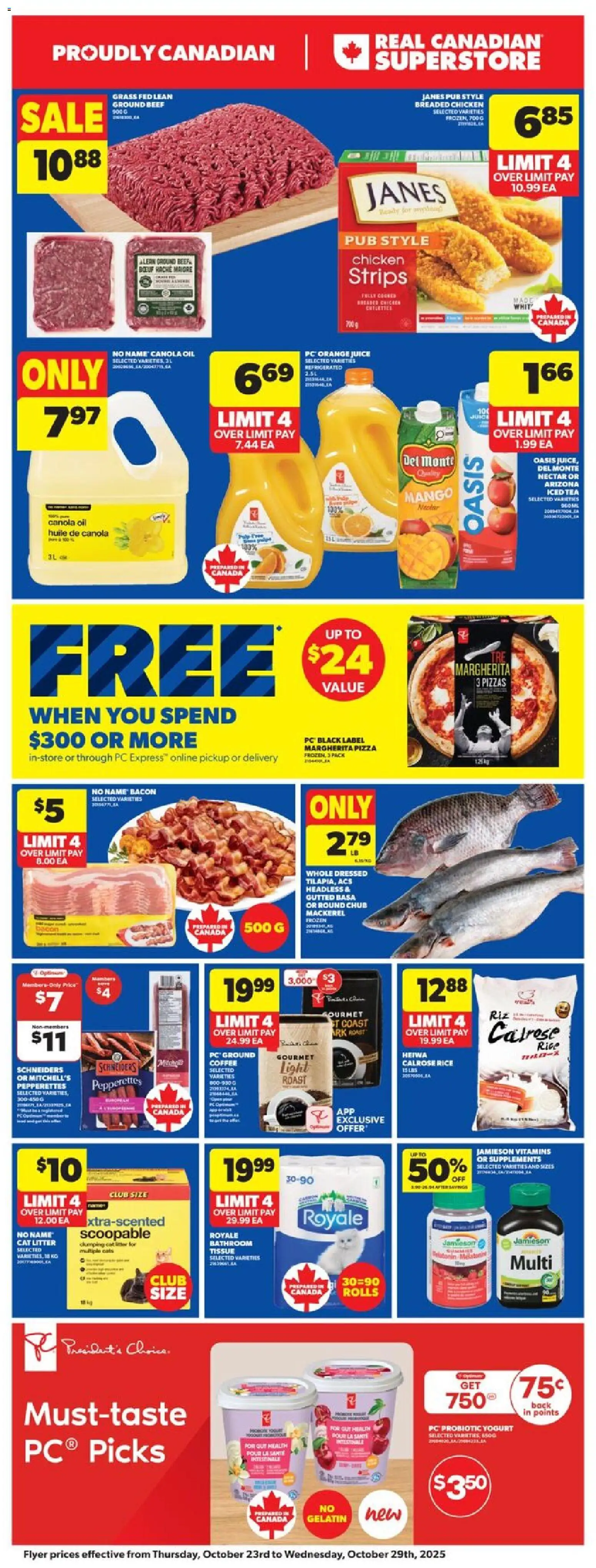 Real Canadian Superstore flyer valid from 23.10.2025 | Page: 4 | Products: PC, Coffee, Pizza, Juice