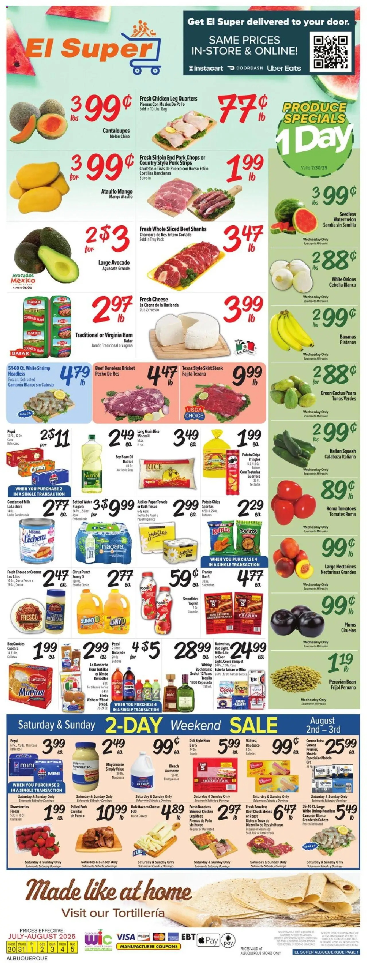 El Super Weekly Ad - NM - valid from 30.07.2025 | Page: 1 | Products: Corn, Squash, Bread, Avocado