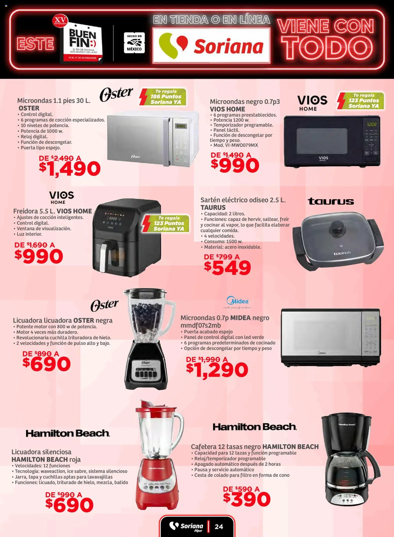 Nuevas ofertas de Soriana válidas en toda la República Mexicana desde el 13.11.2025. ¡Encuentra las mejores ofertas en Soriana Buen Fin ! | Página: 24 | Productos: Licuadora, Microondas, Lavavajillas, Espejo
