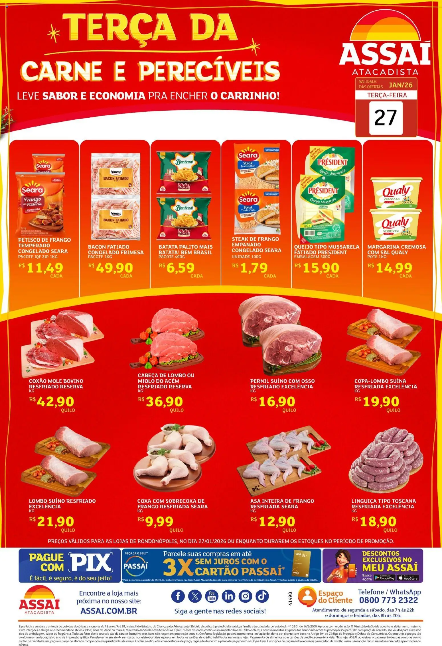 Assaí Atacadista Folheto - válido de 27.01.2026 | Página: 1 | Produtos: Base, Carne, Telefone, Mussarela