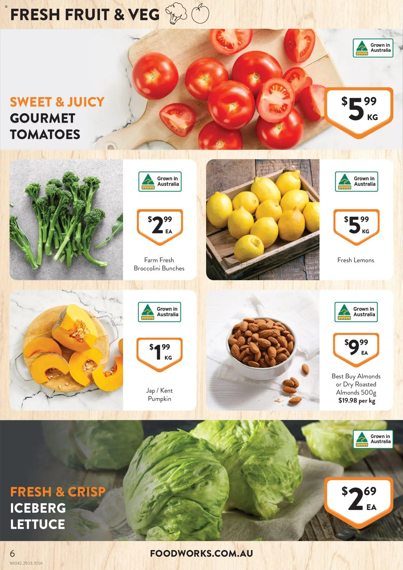 Foodworks catalogue - valid from 25.03.2026 | Page: 6 | Products: Almonds, Lettuce, Tomatoes, Pumpkin