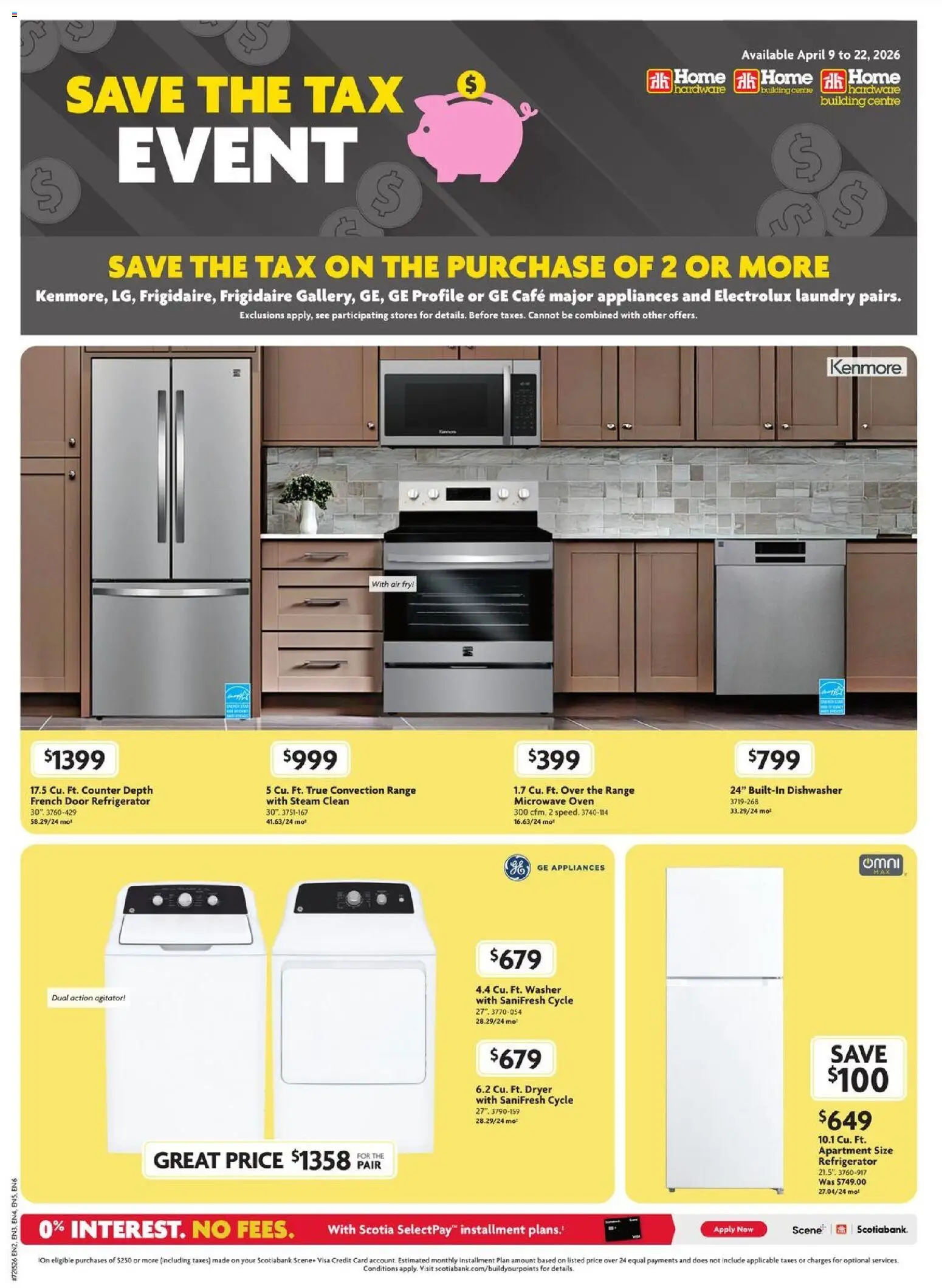 Home Hardware flyer valid from 09.04.2026 | Page: 1 | Products: Dryer, Oven, Microwave oven, Dishwasher
