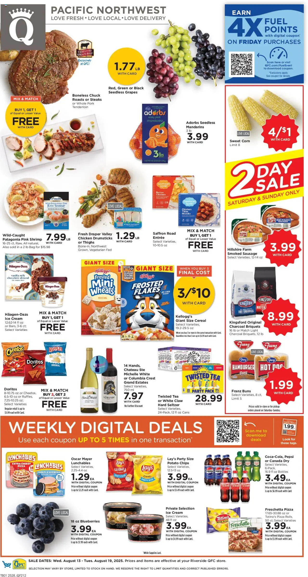 QFC Weekly Ad - WA - valid from 13.08.2025 | Page: 1 | Products: Milk, Beef, Blueberries, Bag