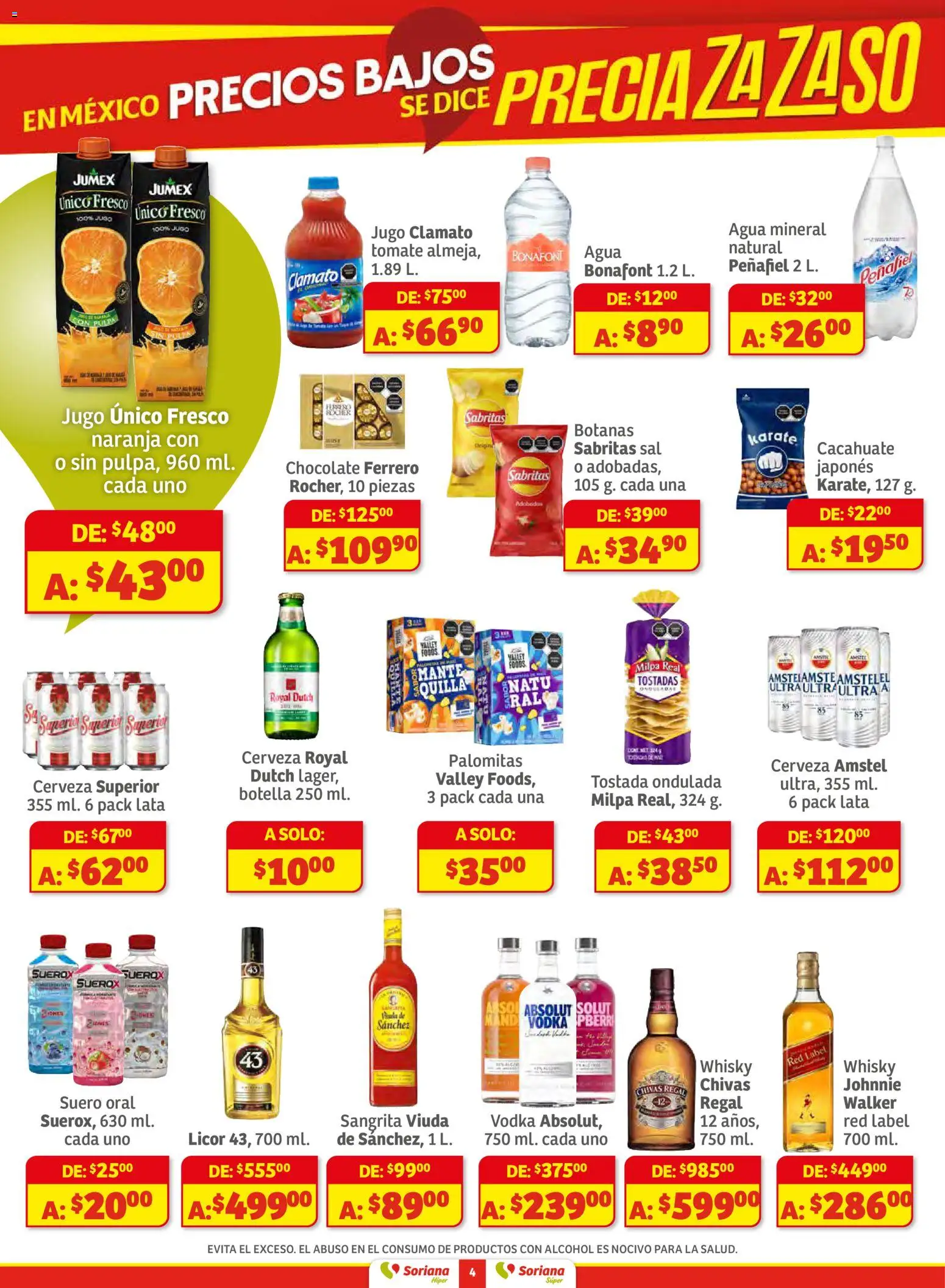 Nuevas ofertas de Soriana válidas en toda la República Mexicana desde el 18.11.2025. ¡Encuentra las mejores ofertas en Soriana - Preciazazaso Súper: Camp, Chia, Oax, Q. Roo, Tab, Yuc! | Página: 4 | Productos: Cacahuate, Tomate, Cerveza, Whisky