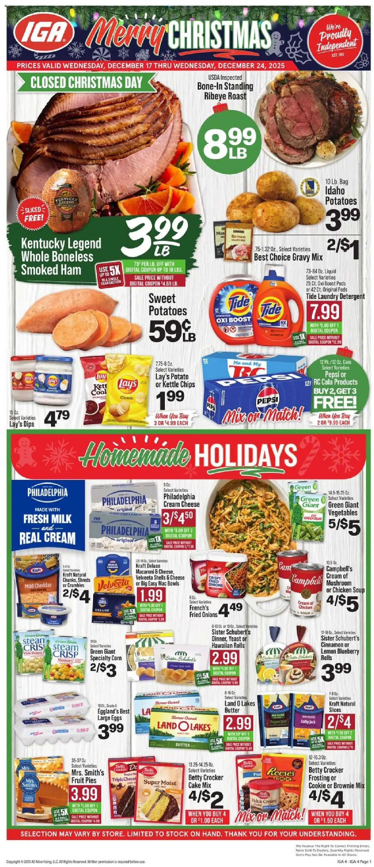 IGA Weekly Ad - valid from 17.12.2025 | Page: 1 | Products: Milk, Ham, Potatoes, Bag