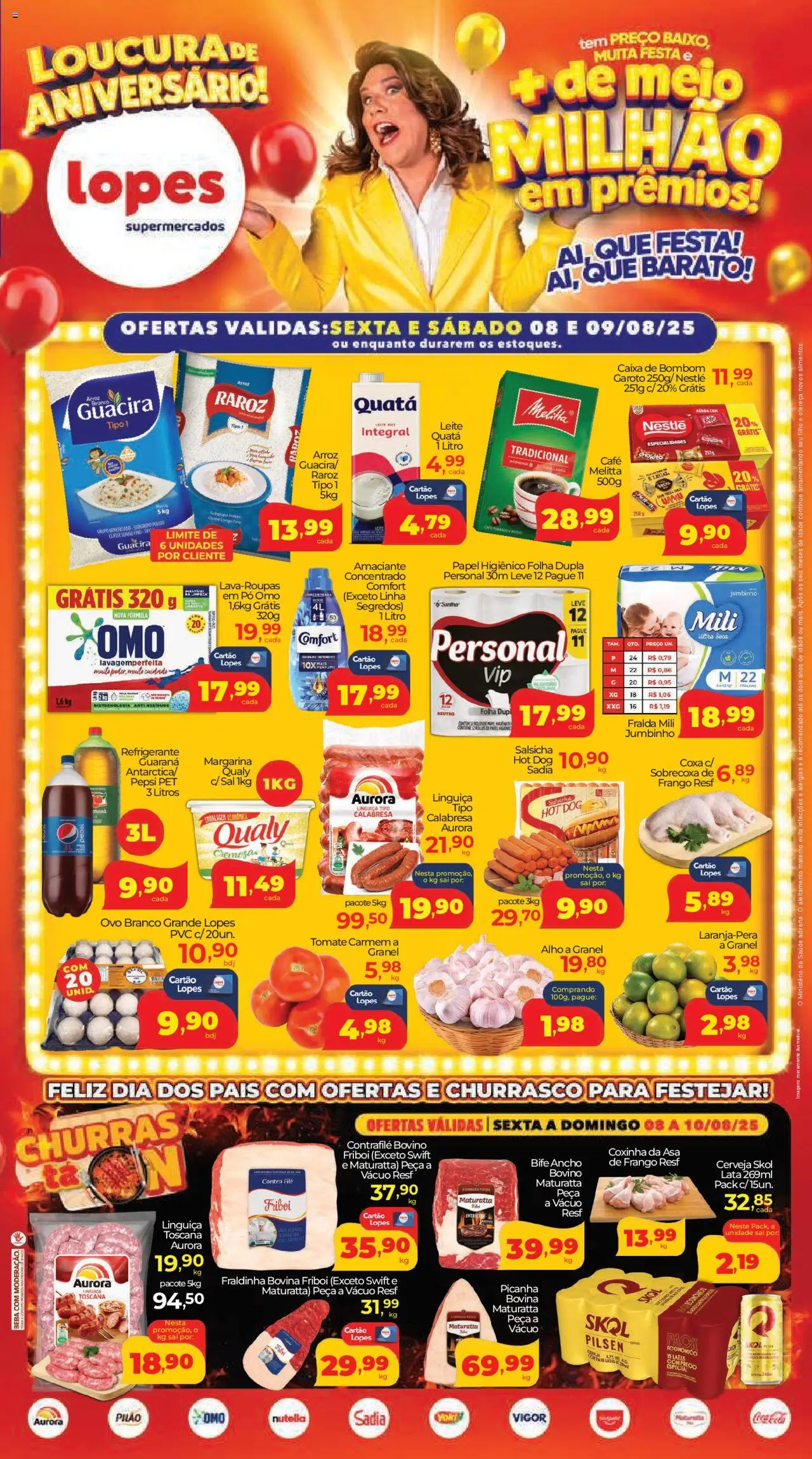 Lopes Supermercados Folheto - válido de 08.08.2025 | Página: 1 | Produtos: Fraldinha, Caixa, Papel higiênico, Margarina
