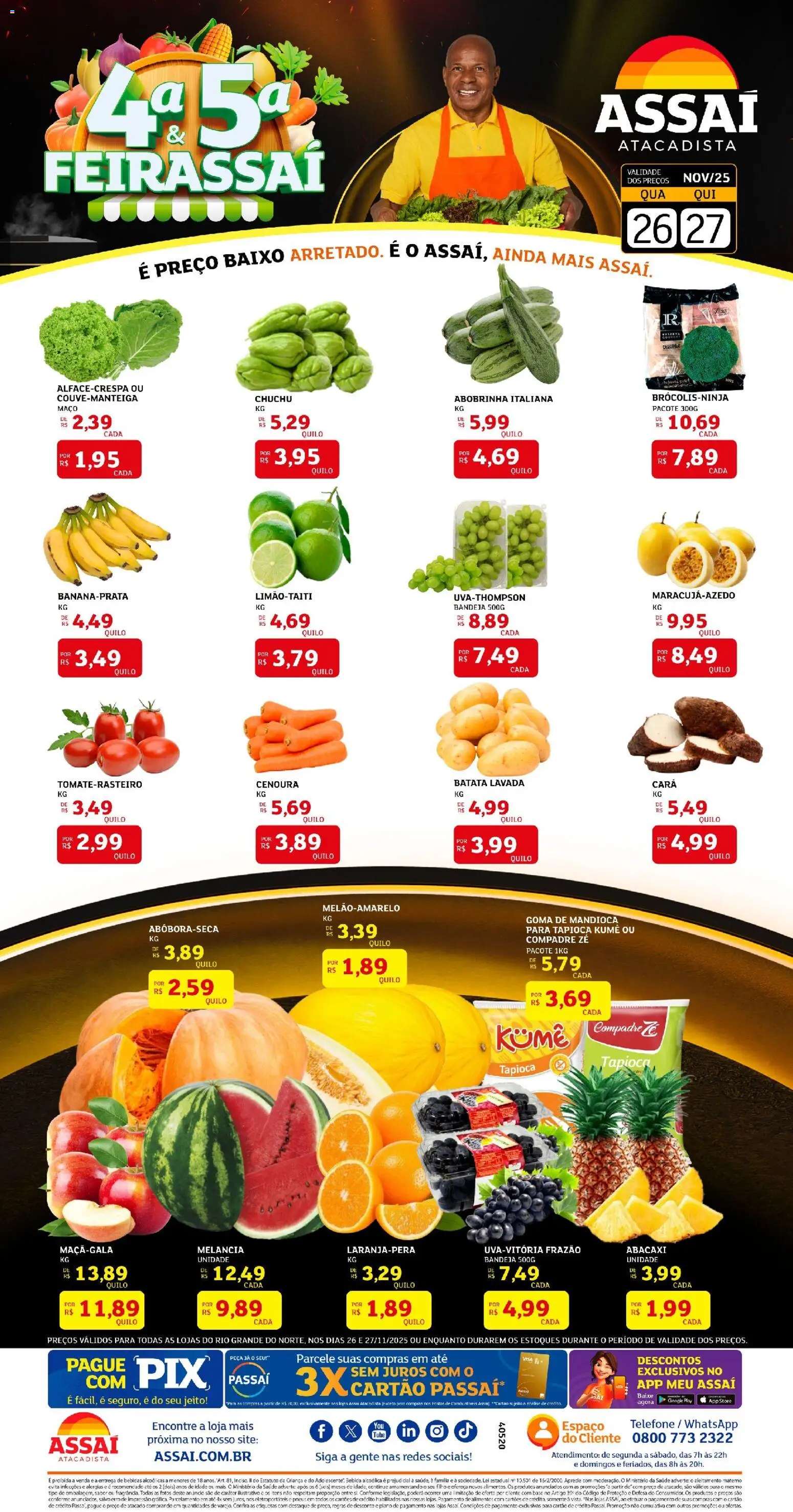 Assaí Atacadista Folheto - válido de 26.11.2025 | Página: 1 | Produtos: Chuchu, Mandioca, Bebida, Telefone