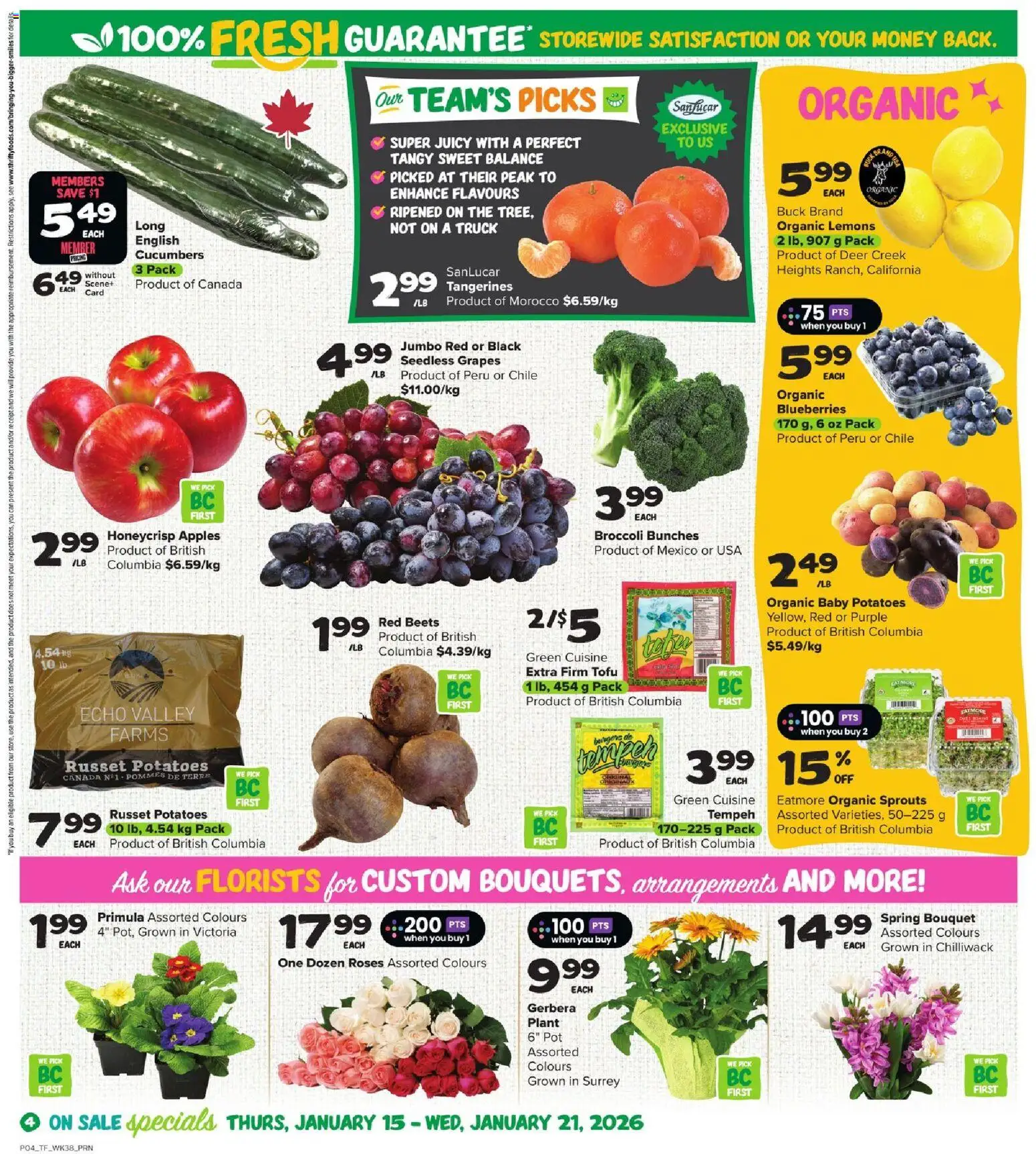 Thrifty Foods flyer valid from 15.01.2026 | Page: 5 | Products: Tangerines, Cucumbers, Potatoes, Apples