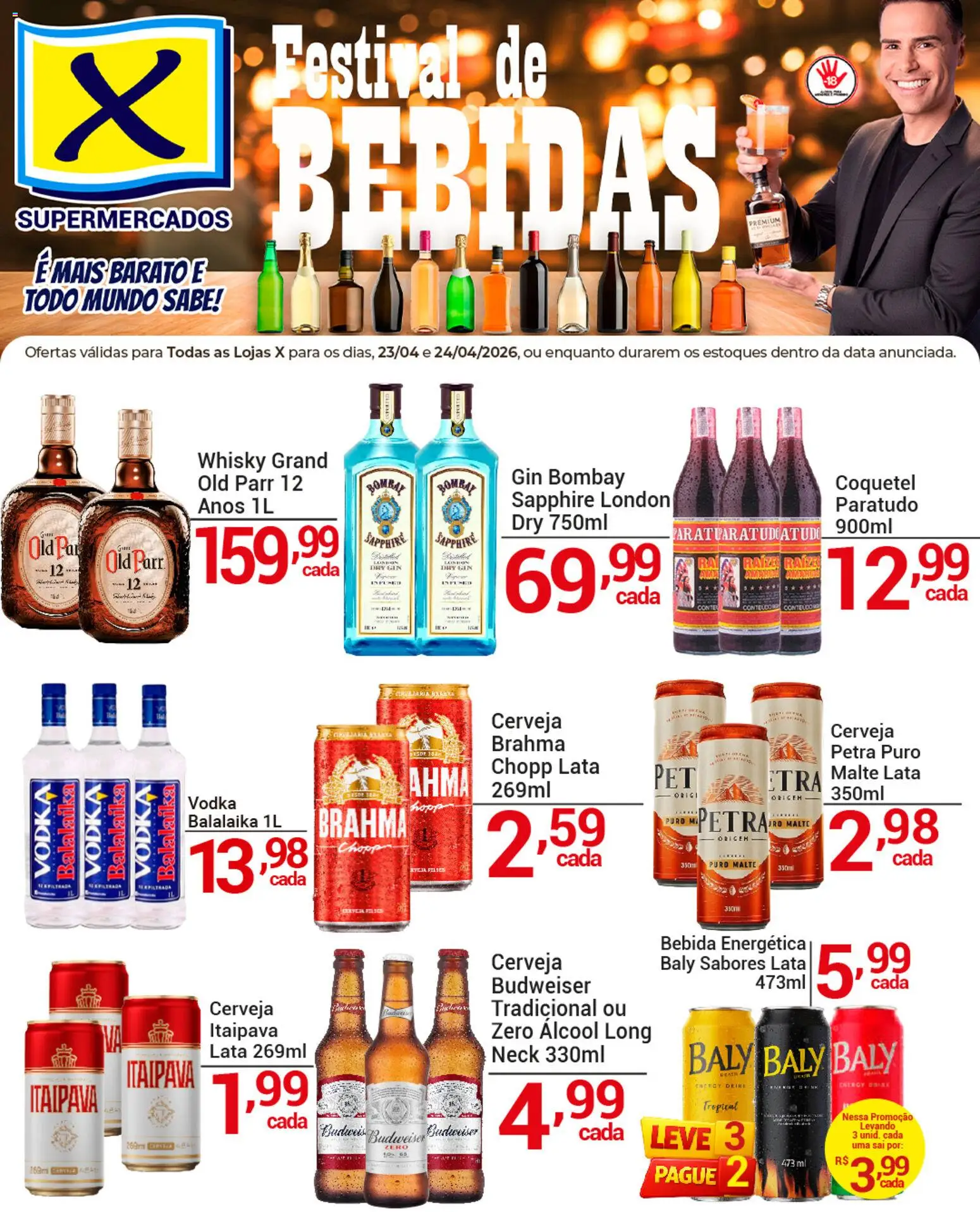 X Supermercados Folheto - válido de 23.04.2026 | Página: 1 | Produtos: Cerveja, Gin, Vodka, Bebida