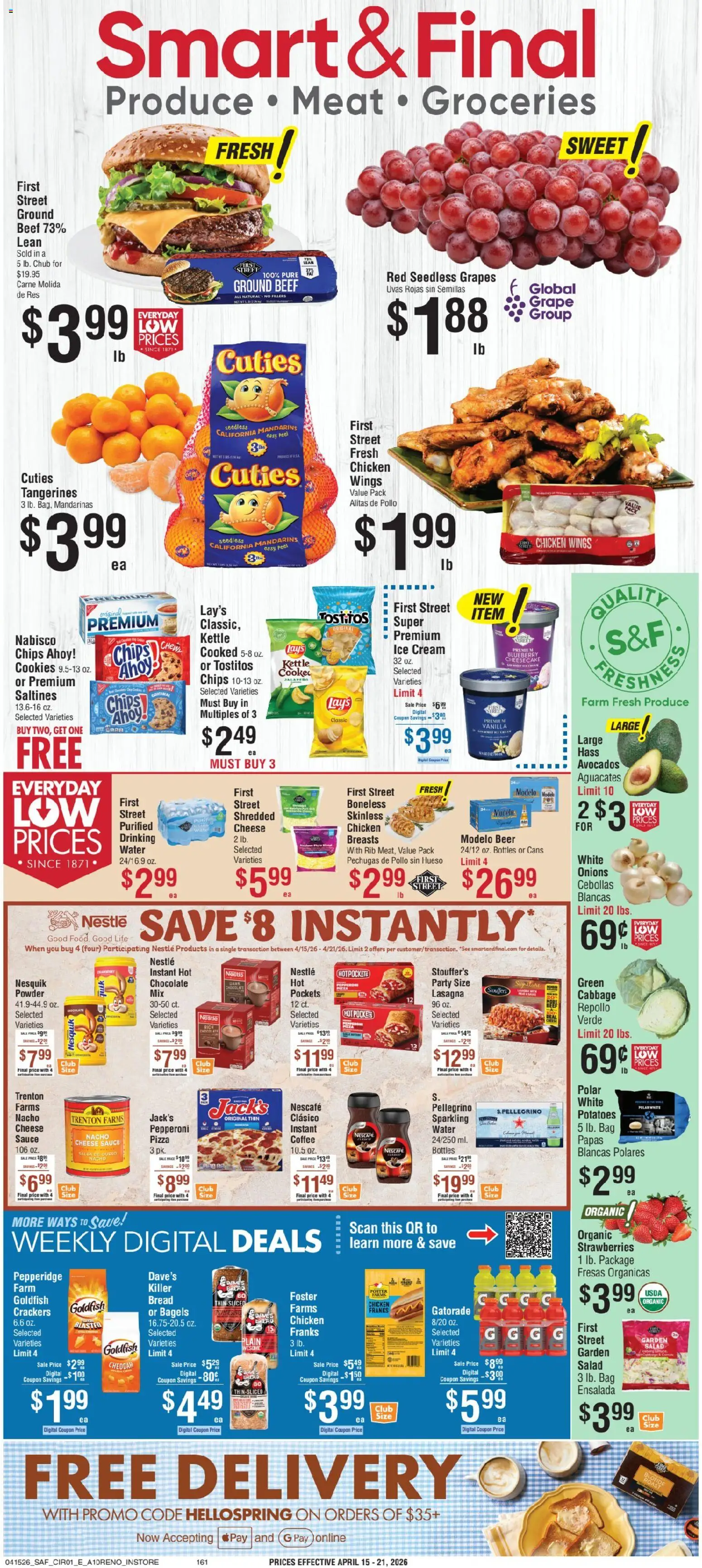 Smart & Final Weekly Ad - valid from 15.04.2026 | Page: 1 | Products: Coffee, Beer, Tangerines, Grapes