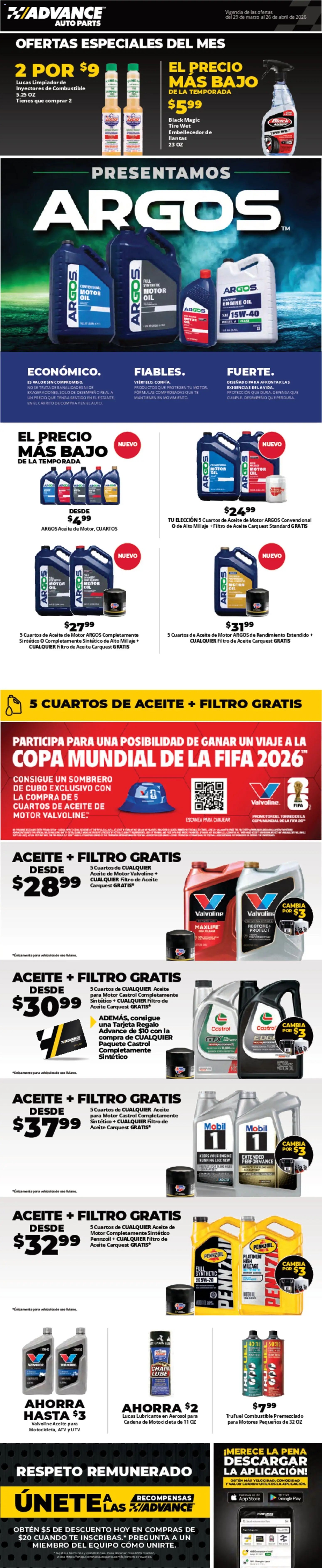 Advance Auto Parts Sales Ad - Spanish - valid from 24.04.2026 | Page: 1 | Products: Tire, Oil