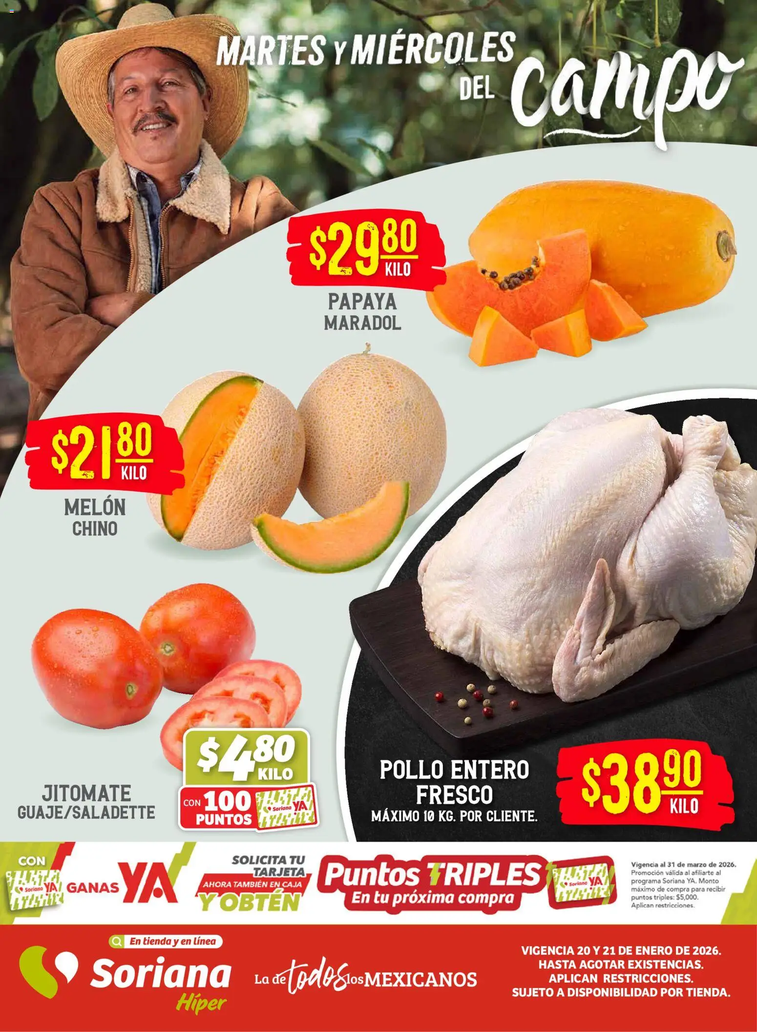 Nuevas ofertas de Soriana válidas en toda la República Mexicana desde el 20.01.2026. ¡Encuentra las mejores ofertas en Soriana - Martes y Miércoles del Campo Híper: Ver, Tab, Chis, Camp, Yuc y Q. Roo! | Página: 1 | Productos: Pollo, Melón, Caja