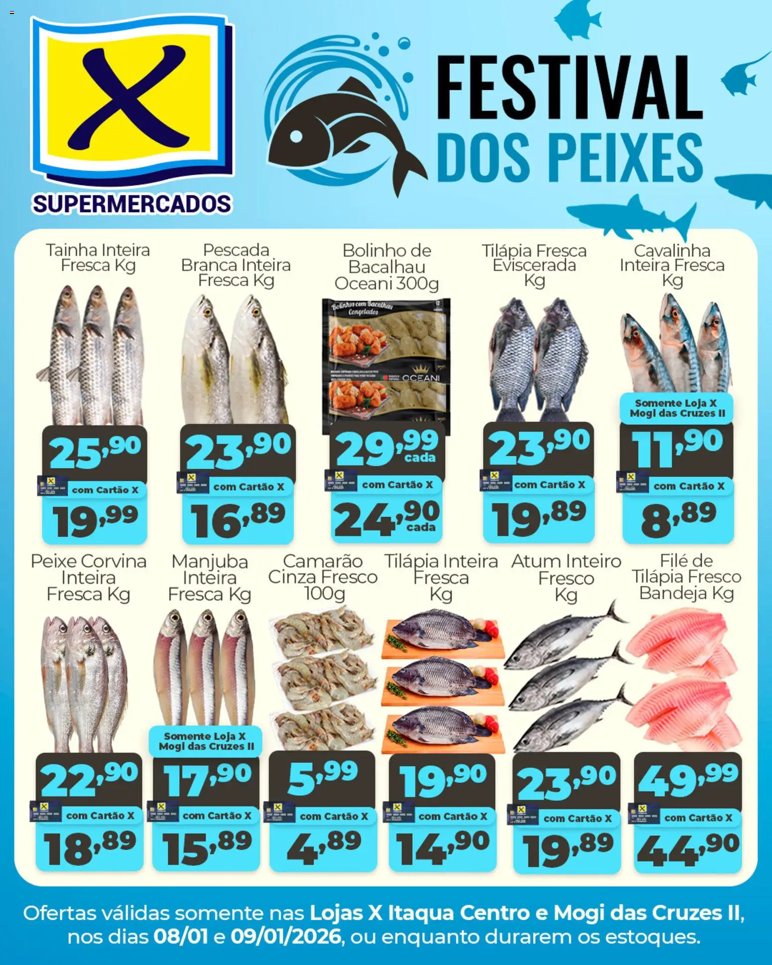 X Supermercados Folheto - válido de 08.01.2026 | Página: 1 | Produtos: Bacalhau, Camarão, Bandeja, Atum