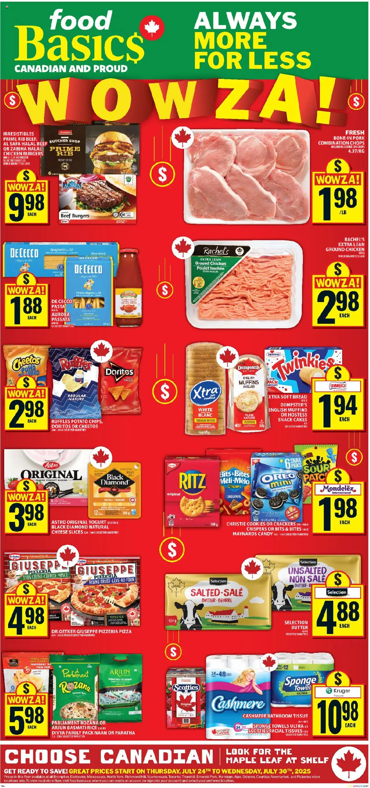 Food Basics flyer valid from 24.07.2025 | Page: 1 | Products: Rice, Pasta, Shelf, Cheese