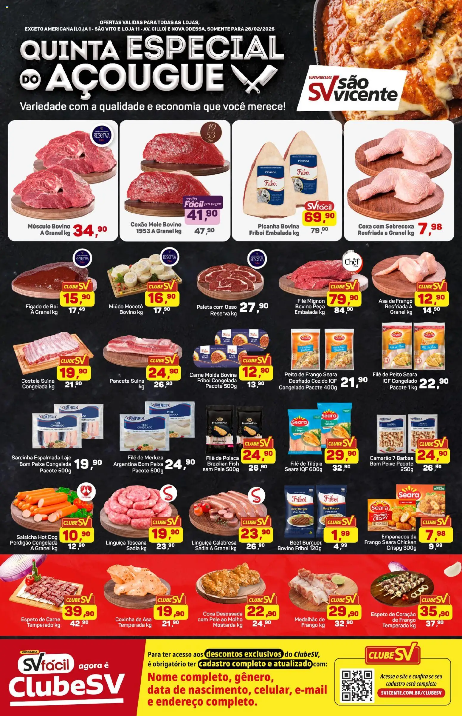 Supermercados São Vicente Folheto - válido de 26.02.2026 | Página: 1 | Produtos: Salsicha, Picanha, Asa de frango, Peixe