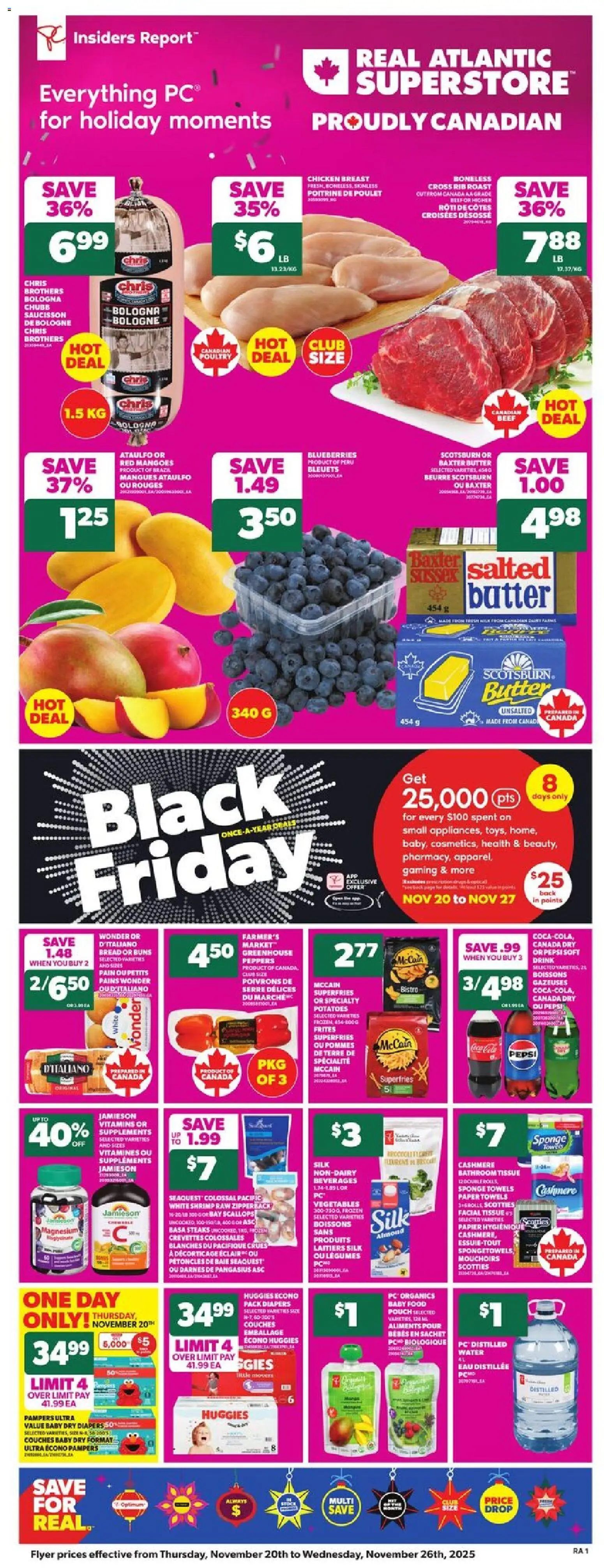 Atlantic Superstore flyer valid from 20.11.2025 | Page: 4 | Products: Potatoes, Sponge, Butter, Chicken