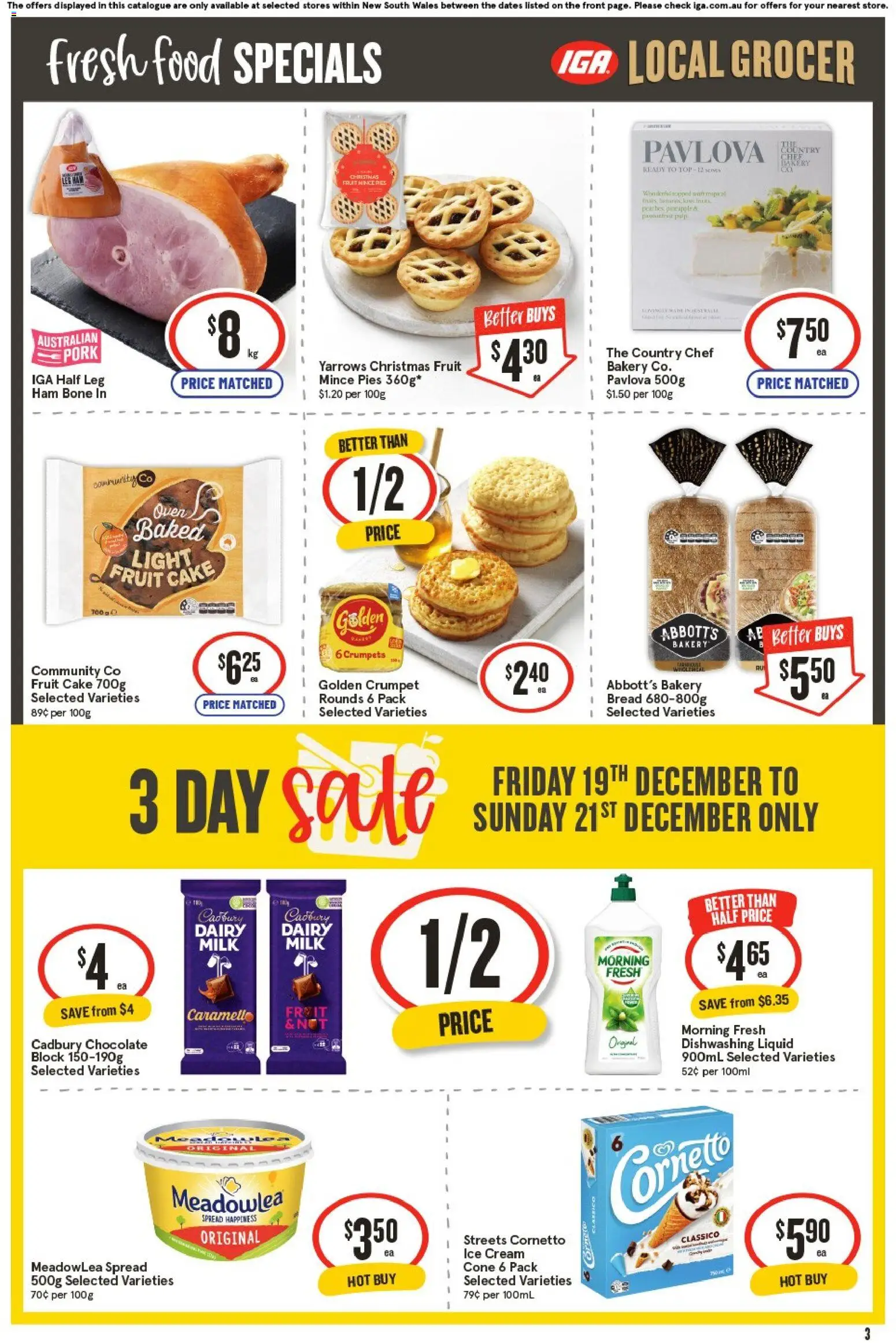 IGA catalogue - valid from 17.12.2025 | Page: 3 | Products: Pork, Ice cream, Pies, Pavlova