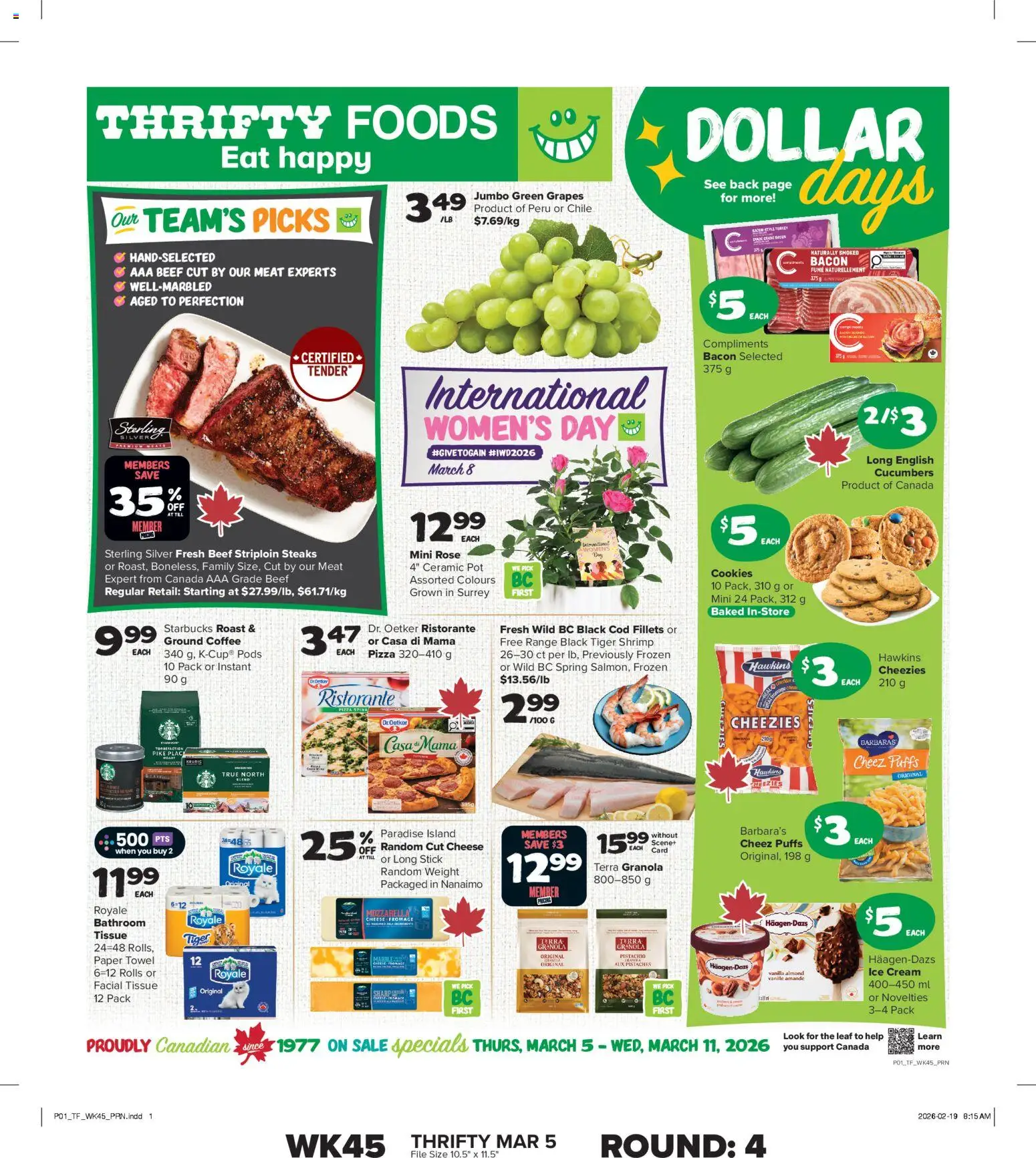Thrifty Foods flyer valid from 05.03.2026 | Page: 1 | Products: Cream, Cucumbers, Ice cream, Coffee