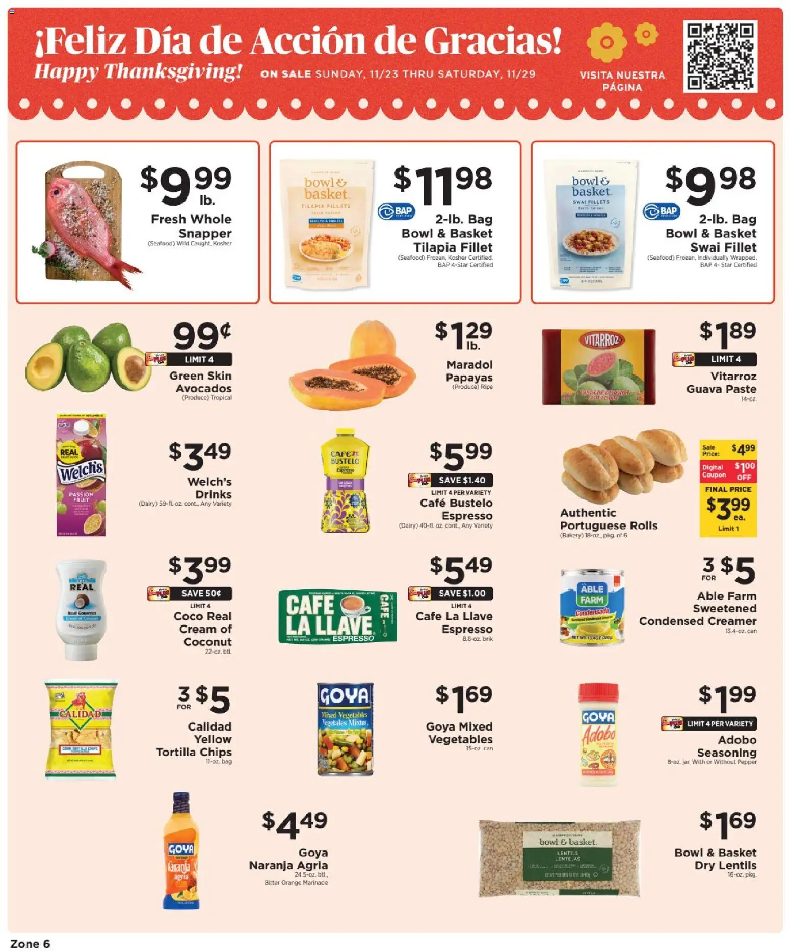 ShopRite Shop Hispanic - valid from 23.11.2025 | Page: 1 | Products: Basket, Cream, Seafood, Bag