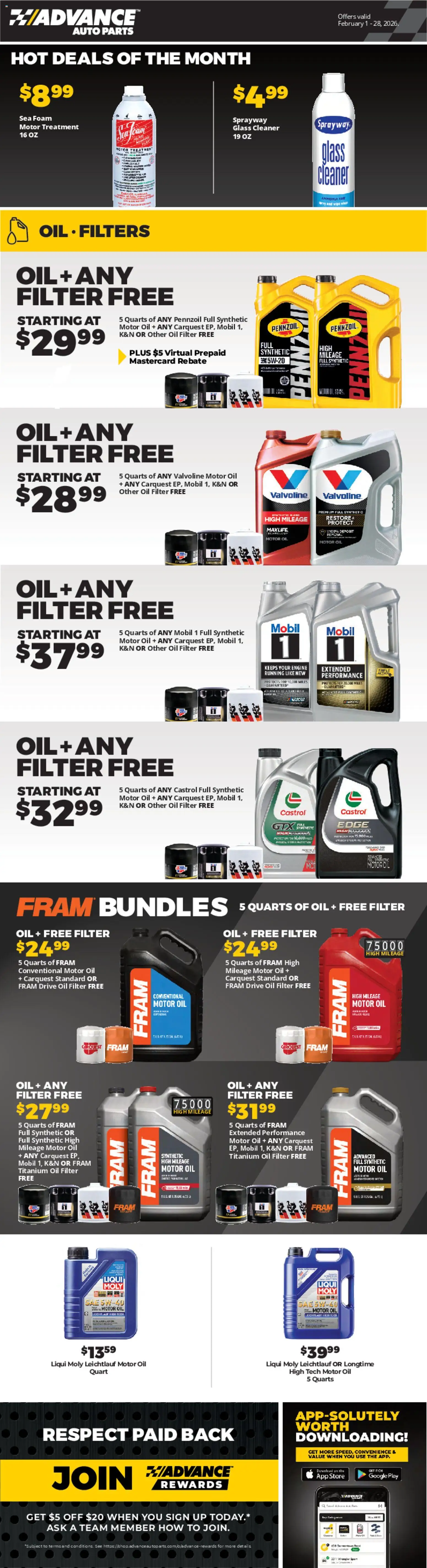 Advance Auto Parts Weekly Ad - valid from 01.02.2026 | Page: 1 | Products: Oil, Oil filter, Motor Oil