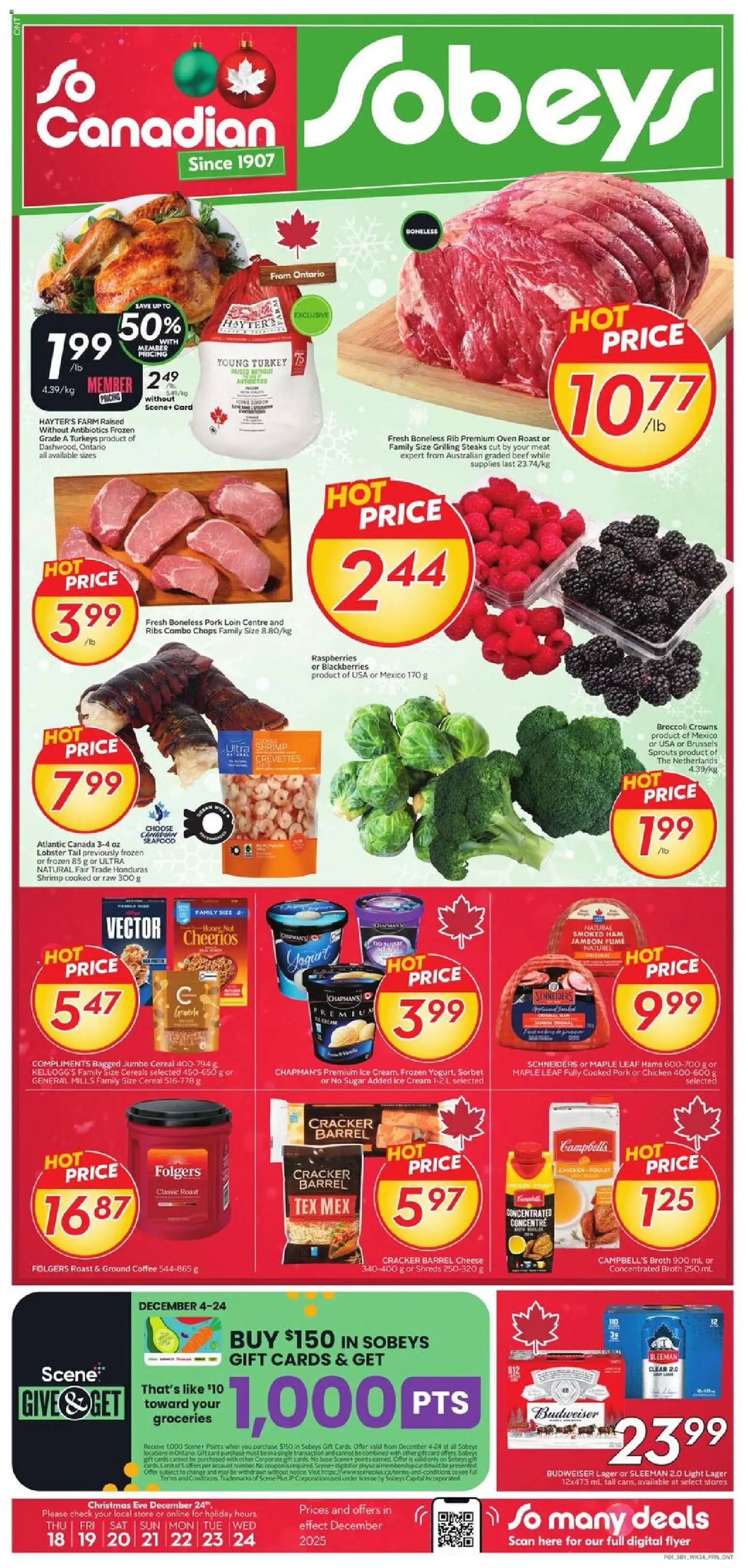 Sobeys flyer valid from 18.12.2025 | Page: 1 | Products: Beef, Cereals, Cheese, Coffee