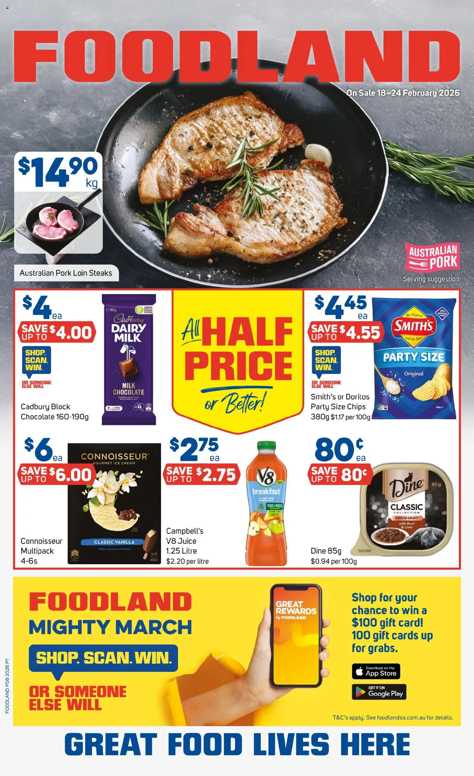 Foodland catalogue - valid from 18.02.2026 | Page: 1 | Products: Cocoa, Juice, Beef, Chips