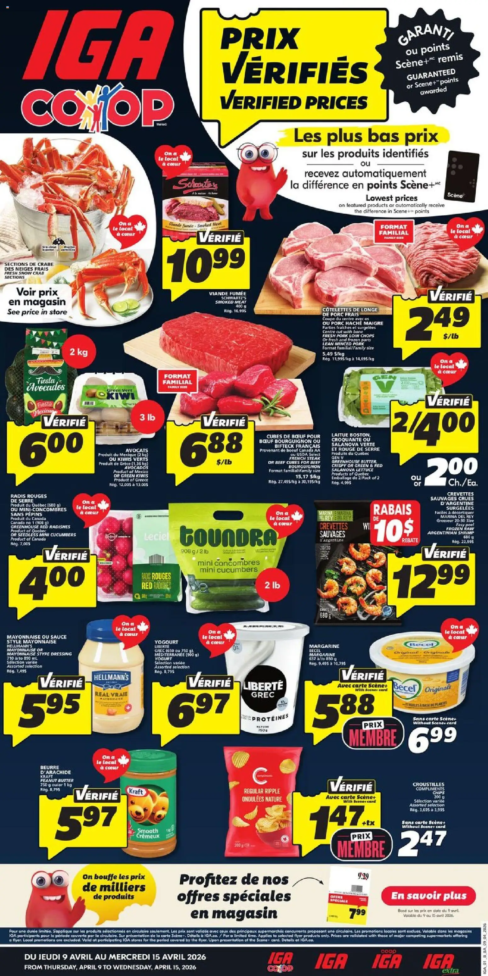 IGA flyer valid from 09.04.2026 | Page: 1 | Products: Beef, Chips, Cucumbers, Pork